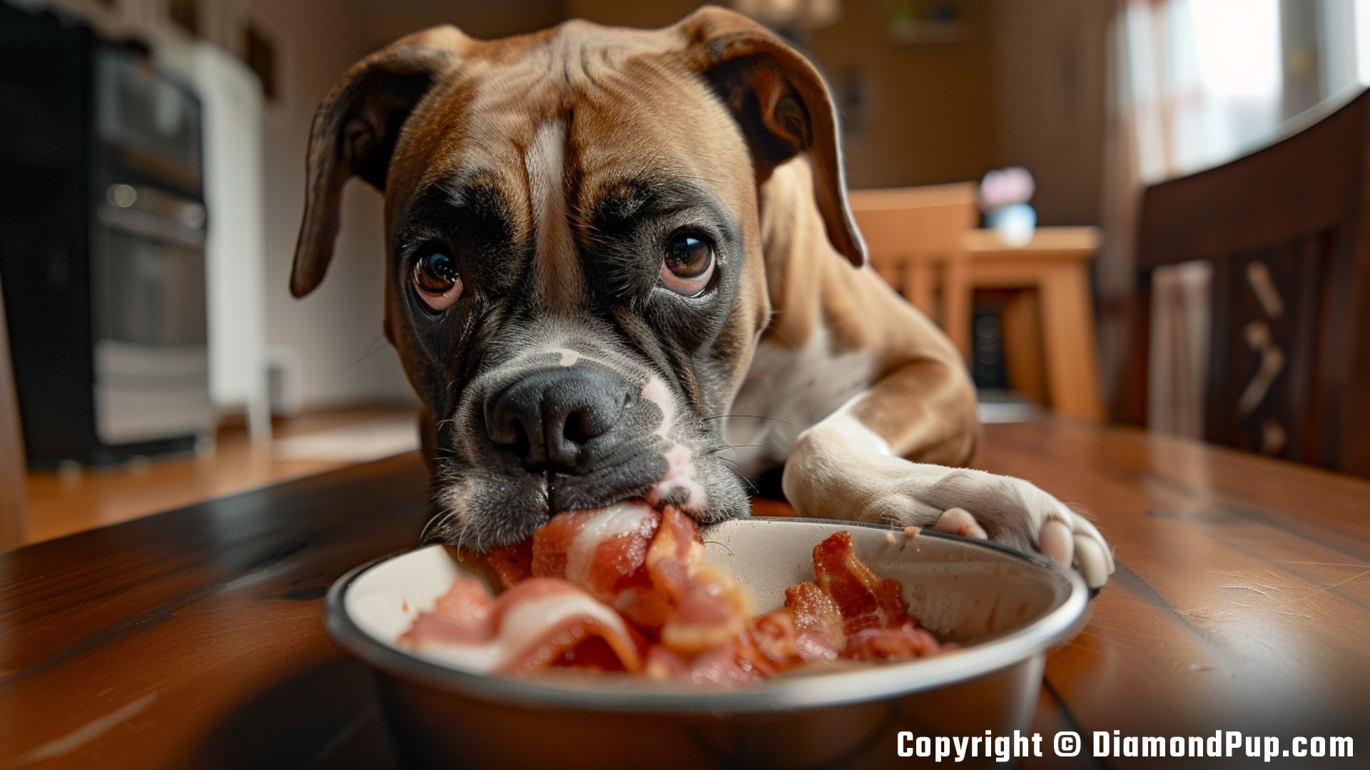 Photograph of a Cute Boxer Eating Bacon