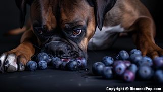 Photograph of a Cute Boxer Eating Blueberries