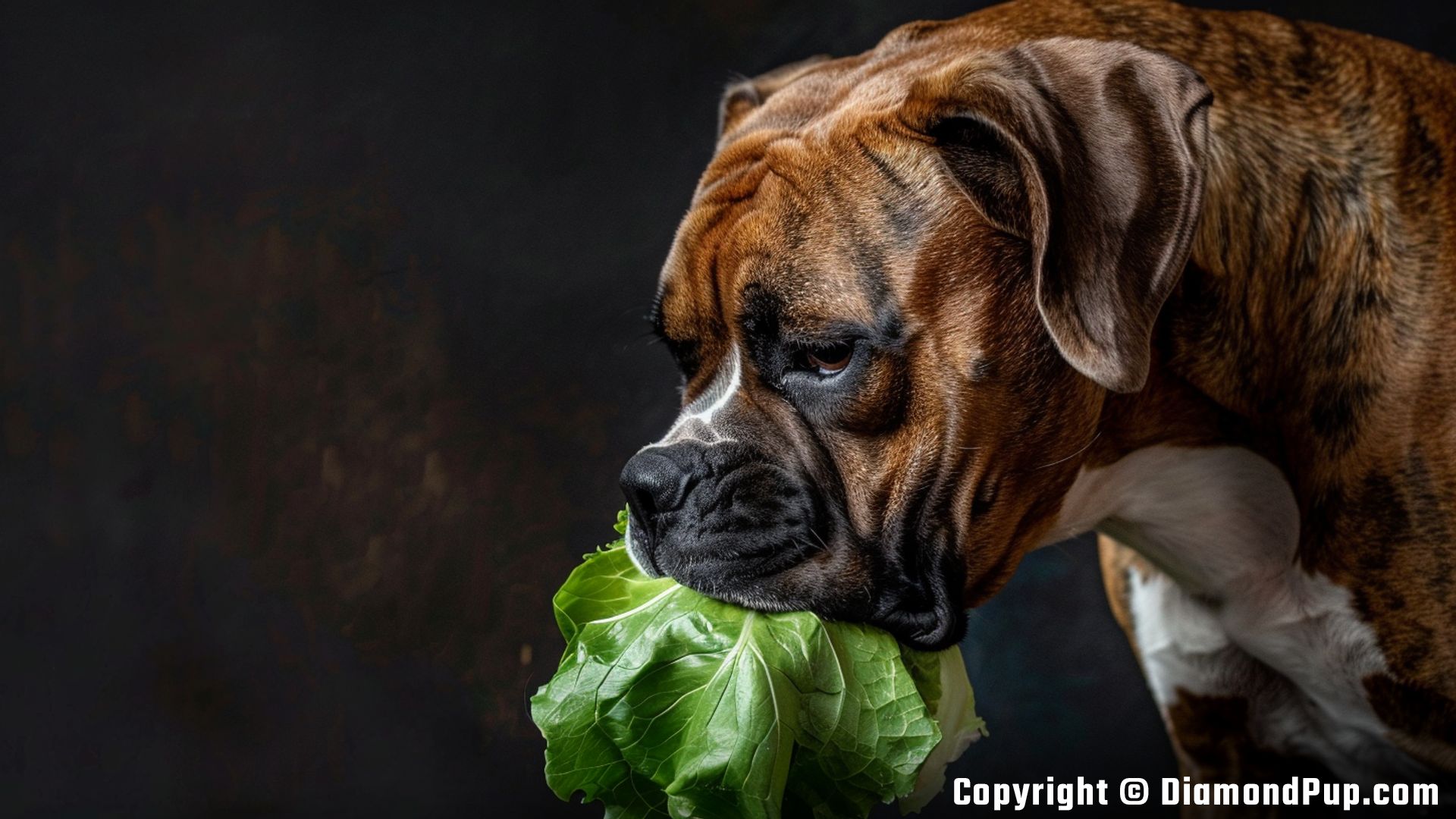 Photograph of a Cute Boxer Eating Lettuce