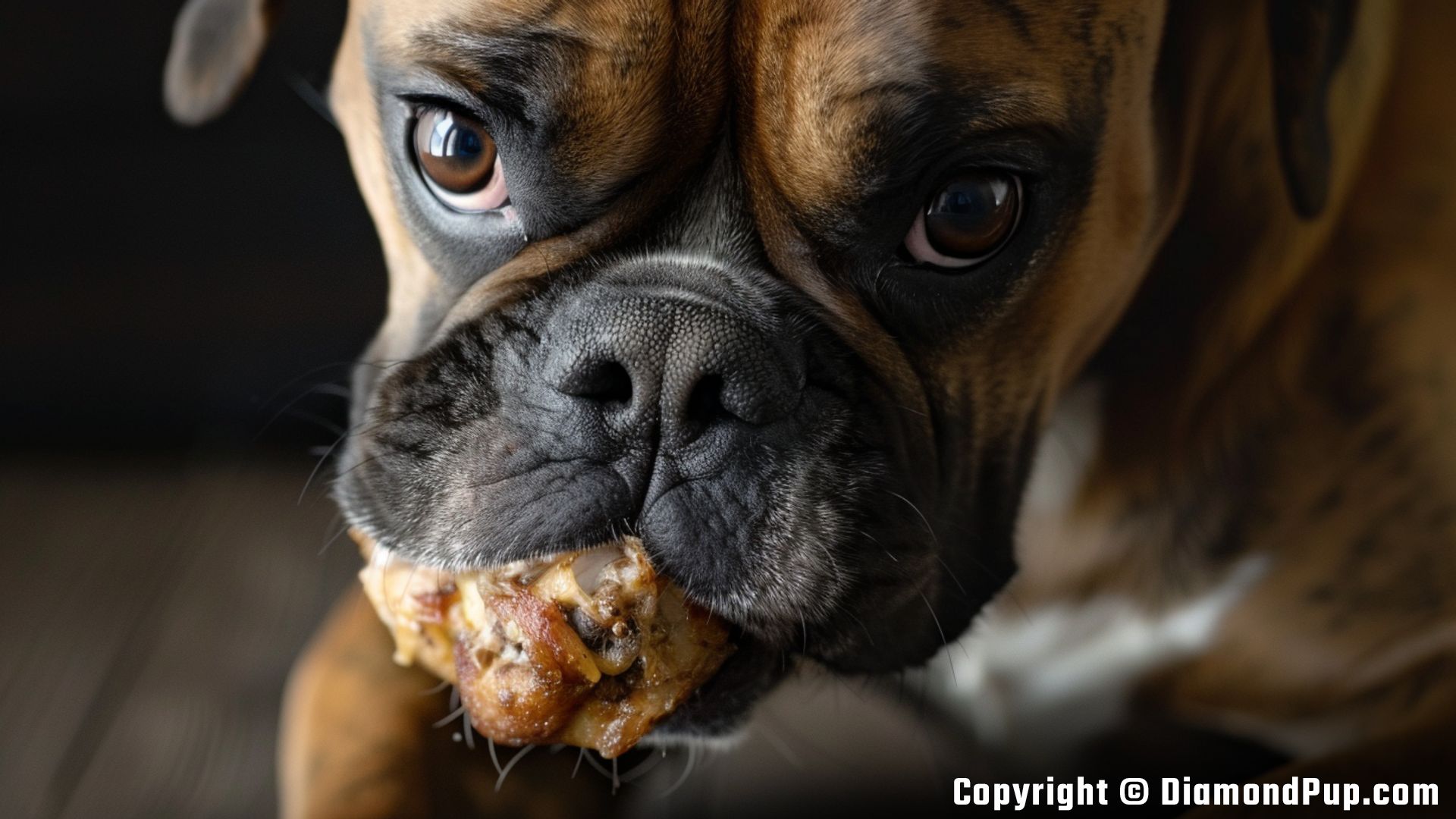 Photograph of a Cute Boxer Snacking on Chicken
