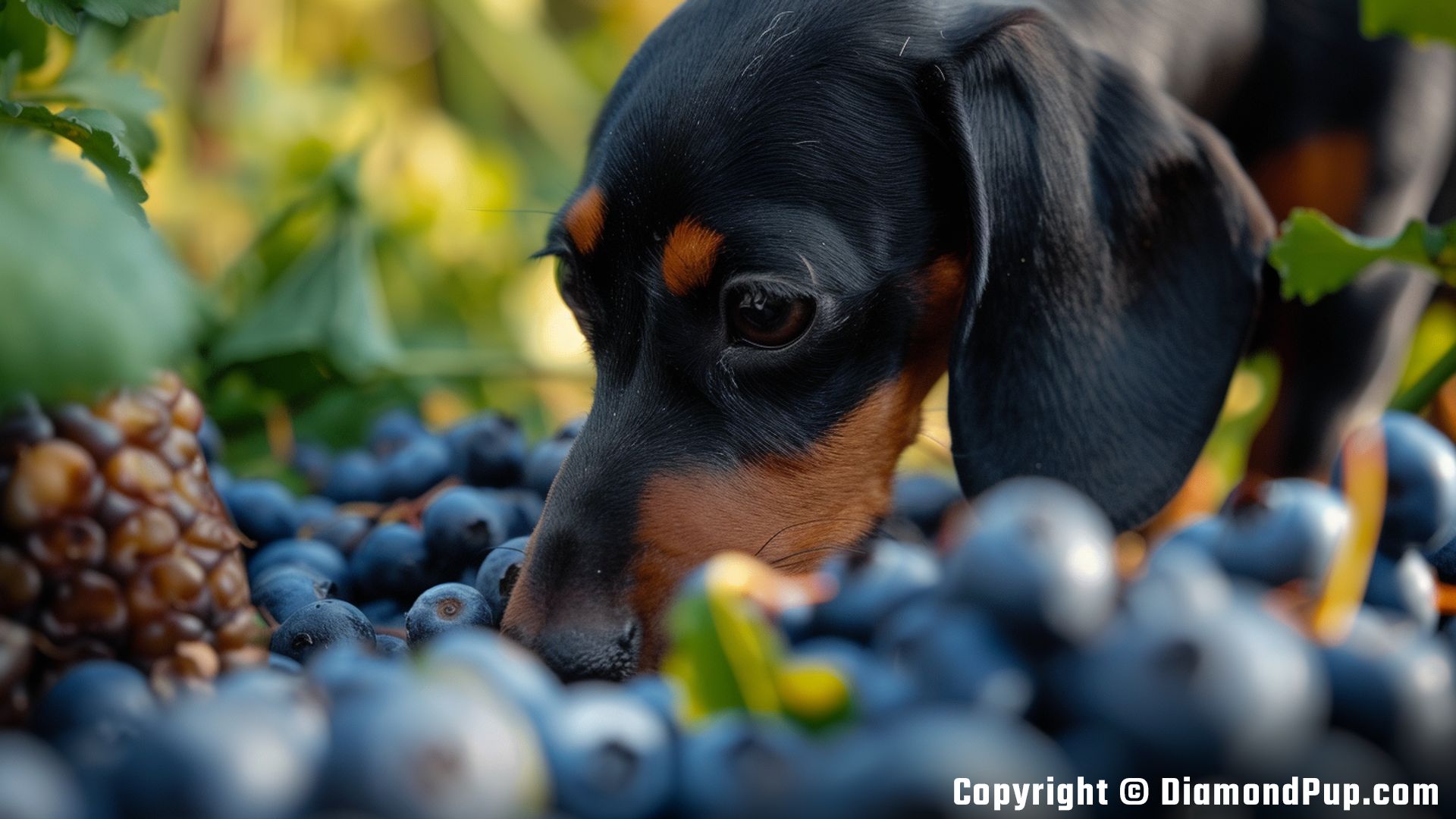 Photograph of a Cute Dachshund Eating Blueberries