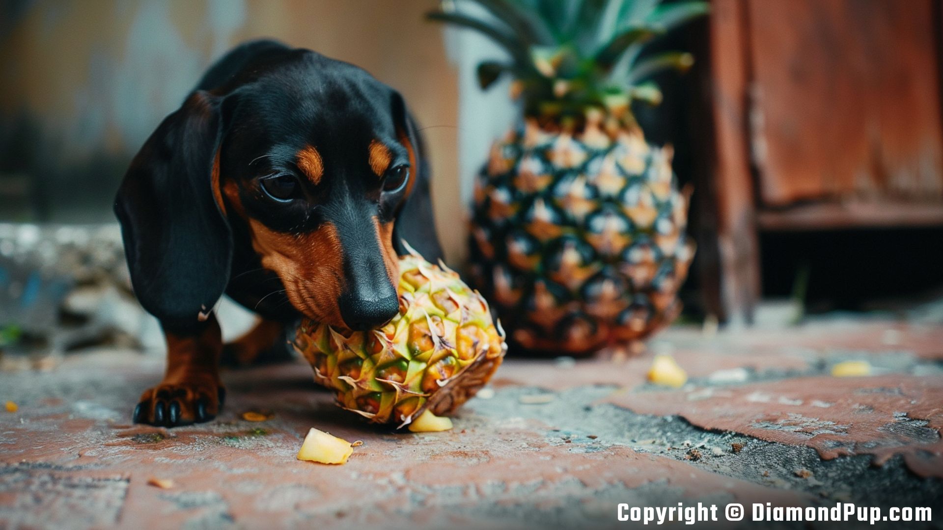 Photograph of a Cute Dachshund Eating Pineapple