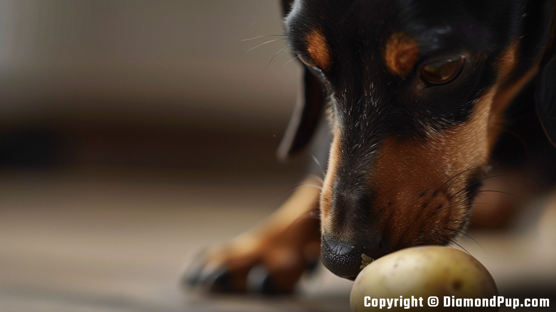 Photograph of a Cute Dachshund Eating Potato