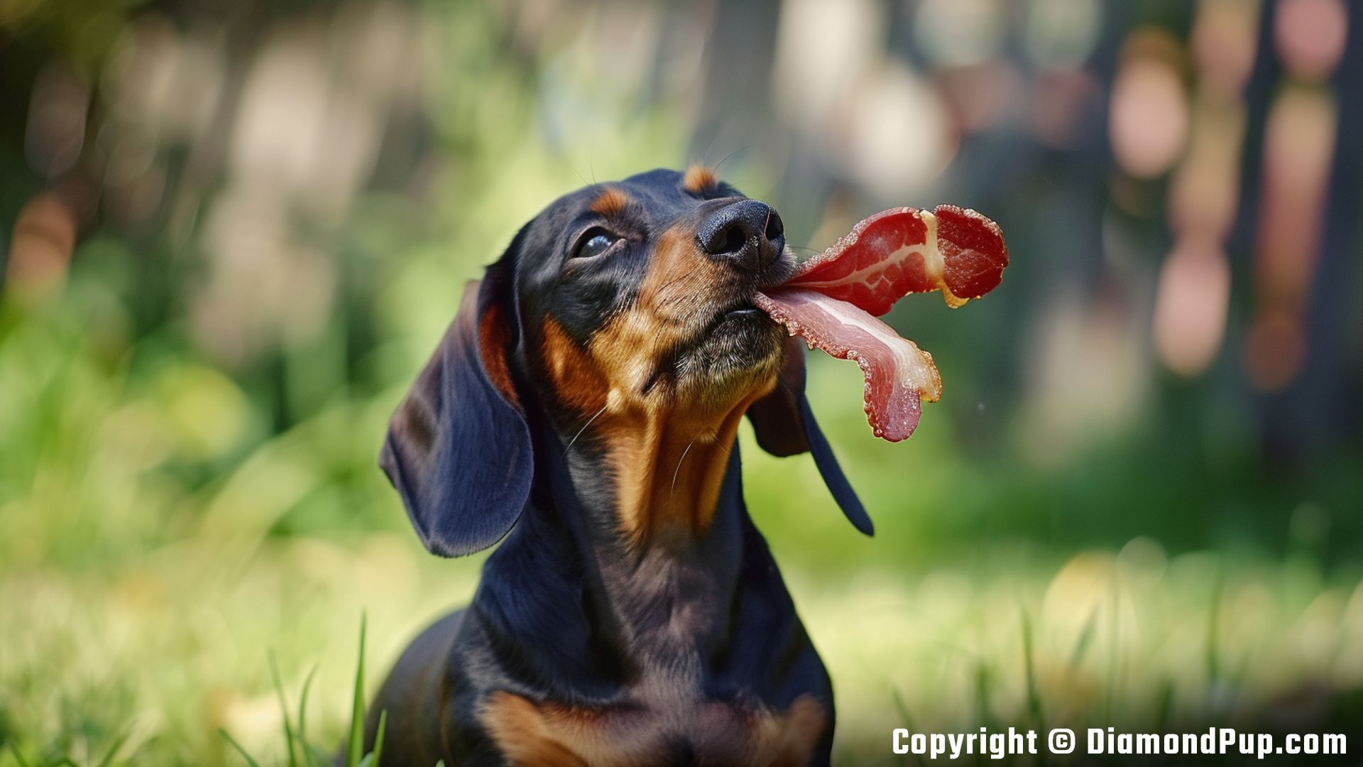 Photograph of a Cute Dachshund Snacking on Bacon