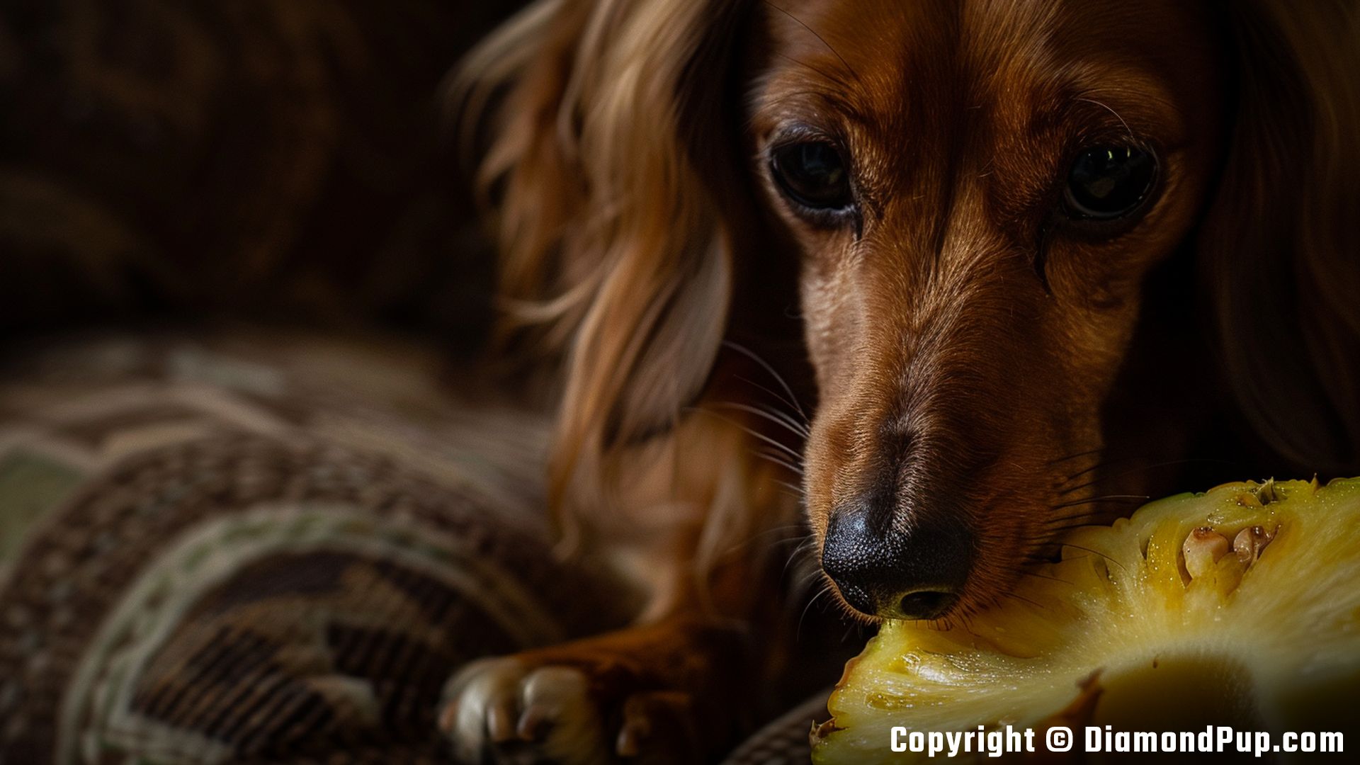 Photograph of a Cute Dachshund Snacking on Pineapple