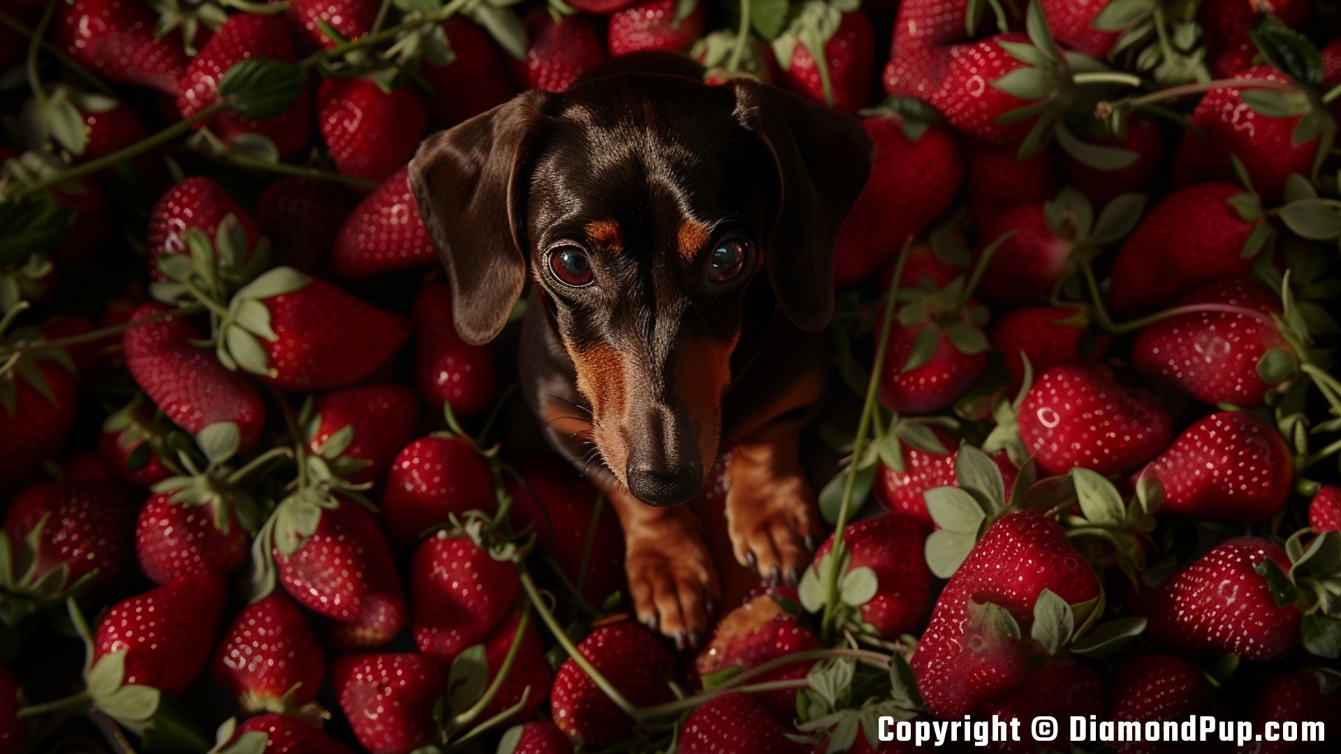 Photograph of a Cute Dachshund Snacking on Strawberries