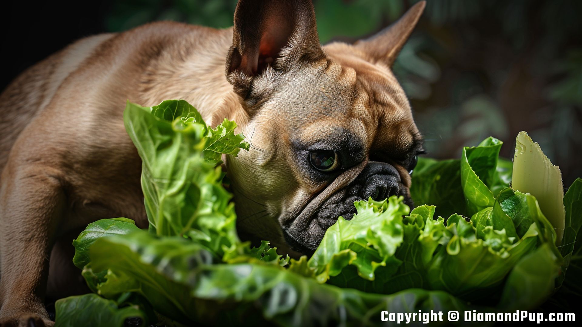 Photograph of a Cute French Bulldog Eating Lettuce