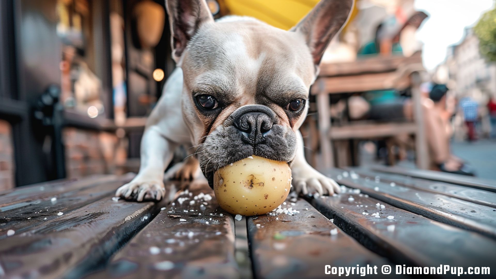 Photograph of a Cute French Bulldog Eating Potato