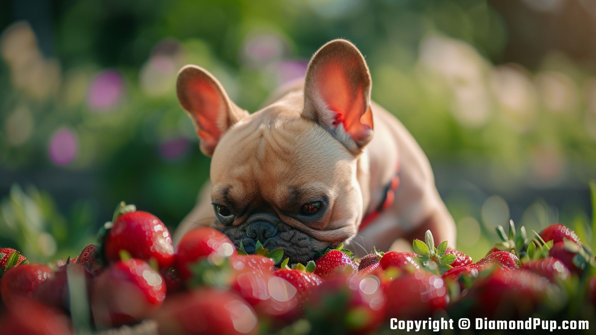 Photograph of a Cute French Bulldog Eating Strawberries