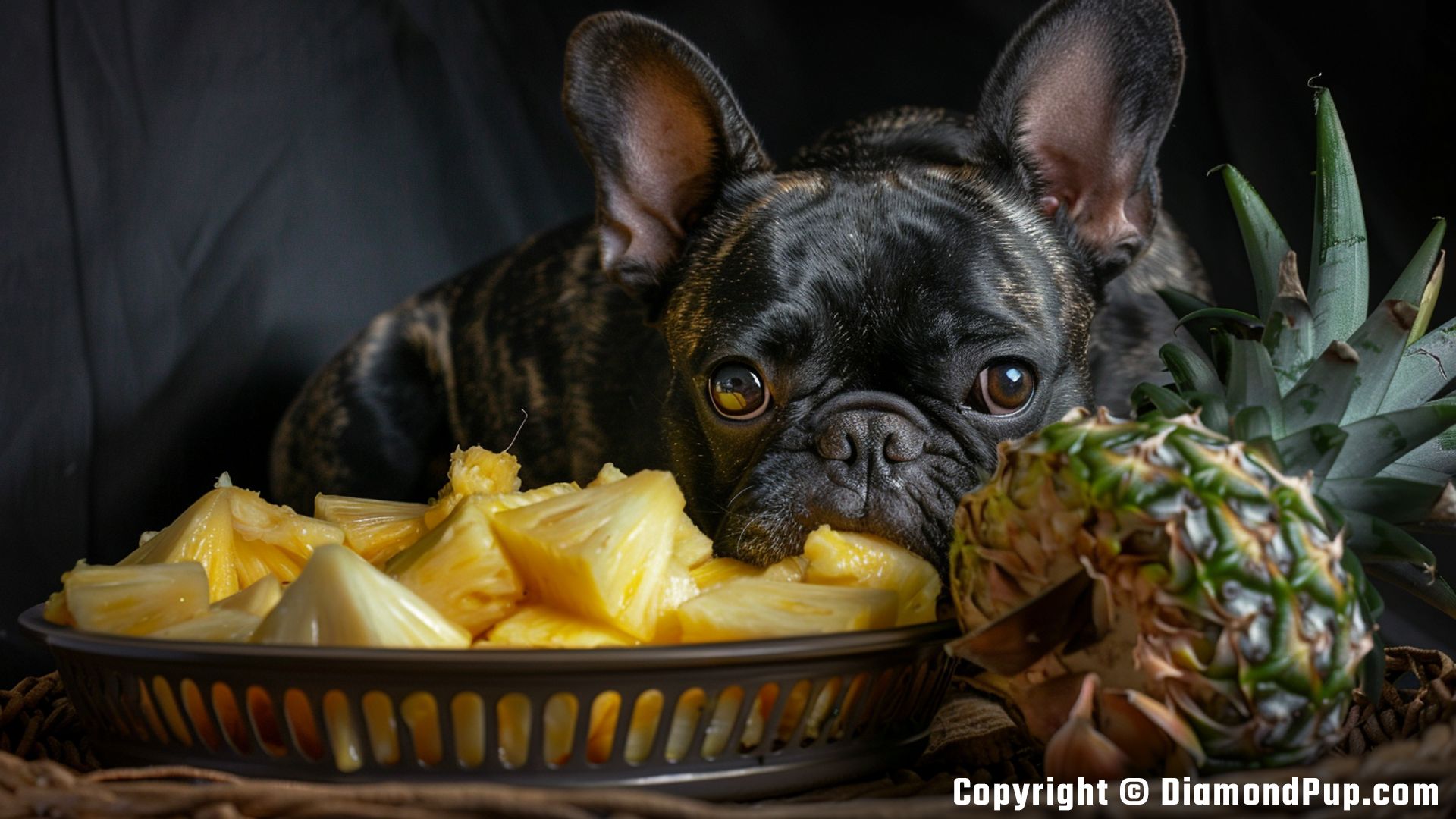 Photograph of a Cute French Bulldog Snacking on Pineapple