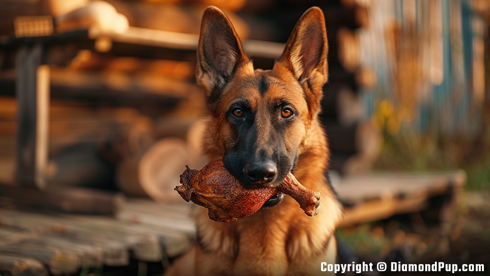 Photograph of a Cute German Shepherd Eating Chicken