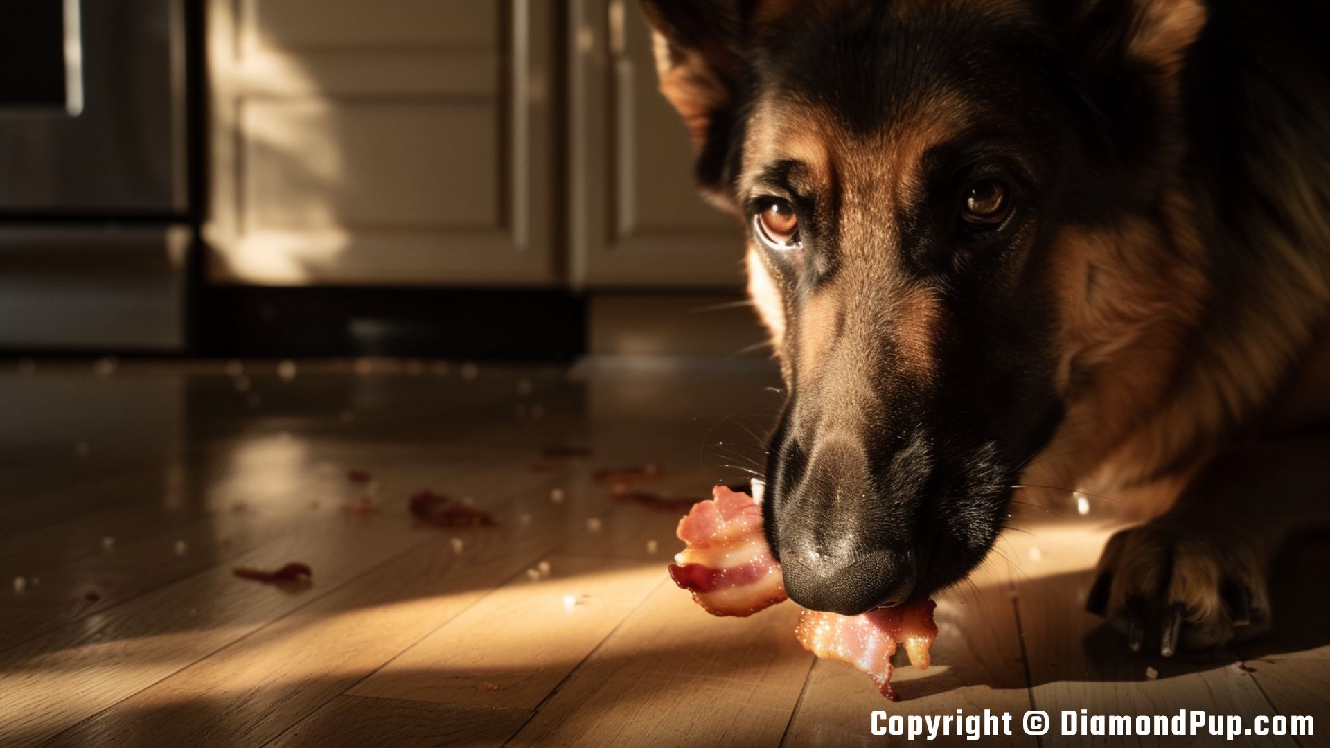 Photograph of a Cute German Shepherd Snacking on Bacon