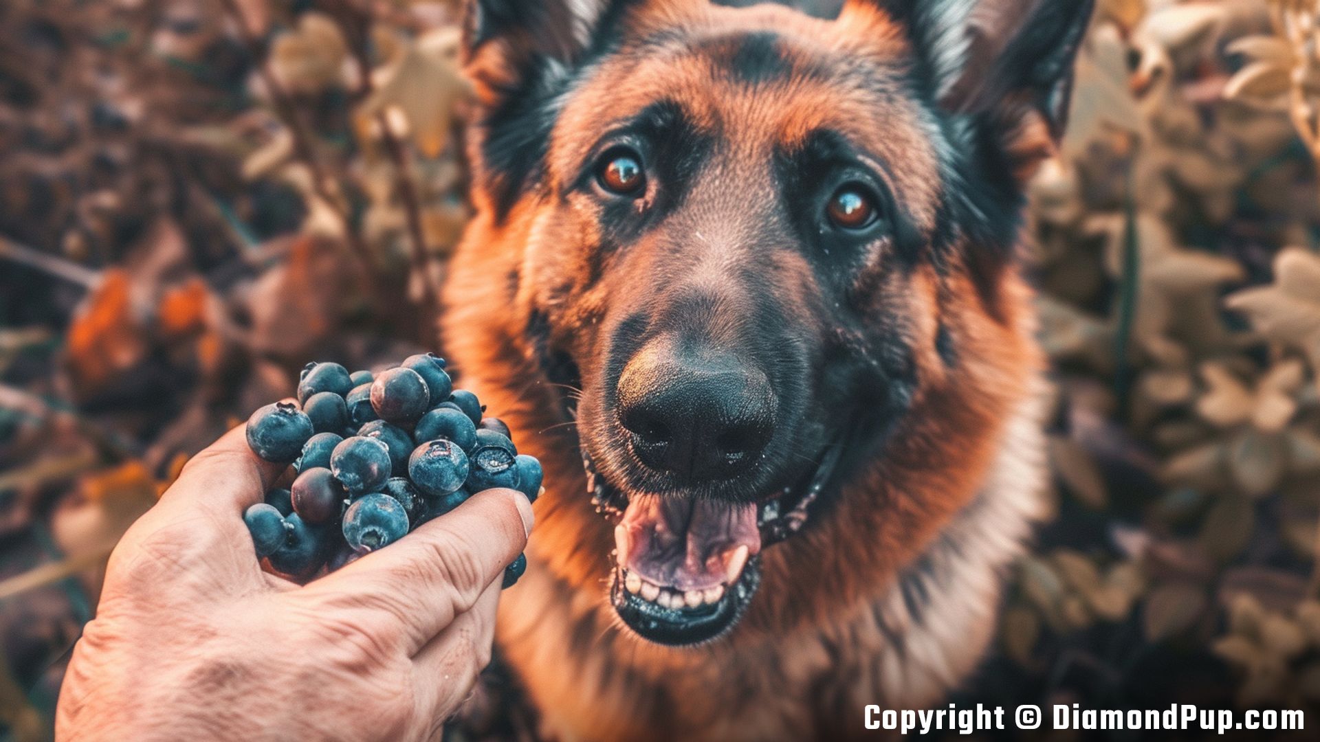 Photograph of a Cute German Shepherd Snacking on Blueberries