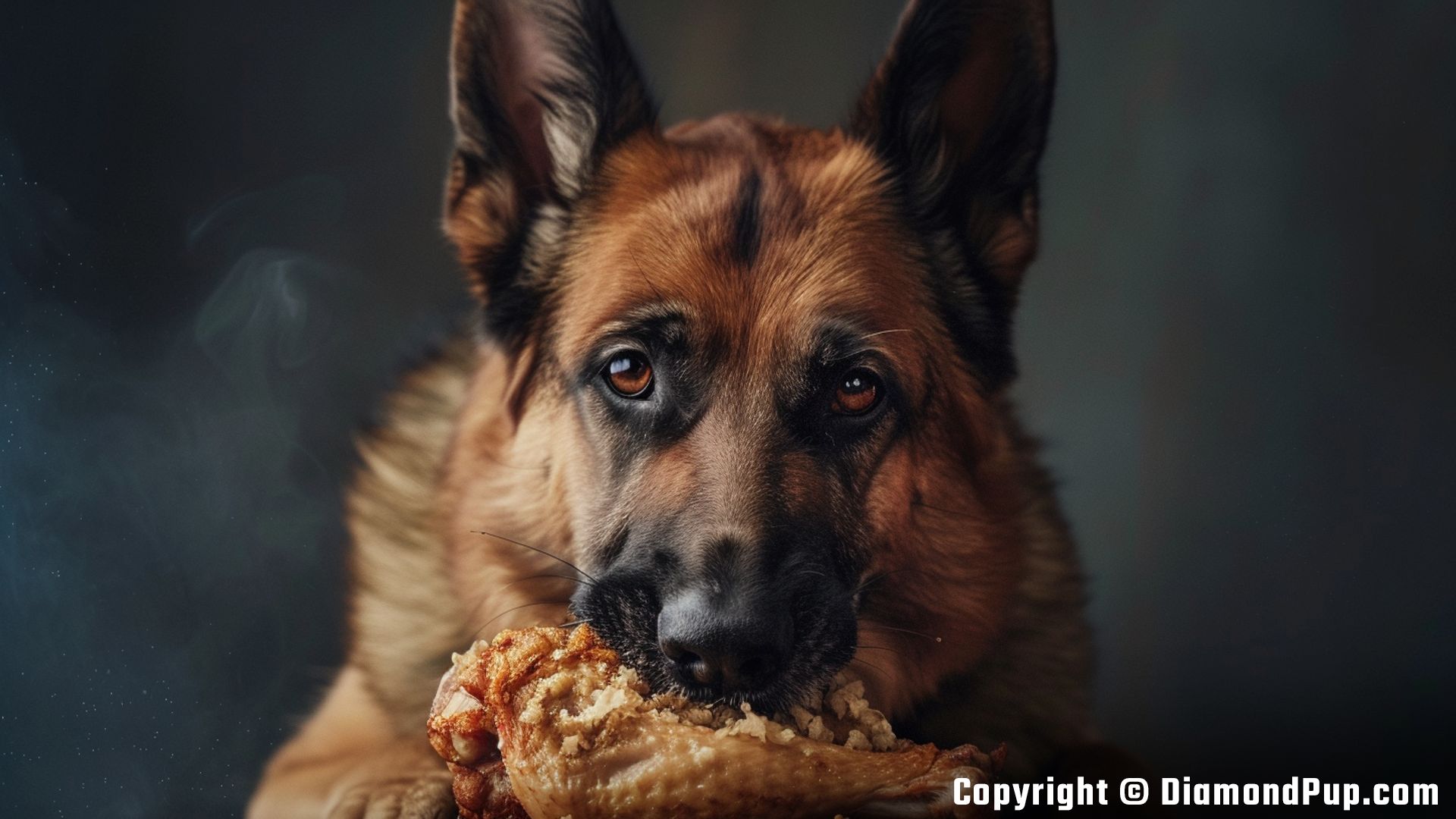 Photograph of a Cute German Shepherd Snacking on Chicken