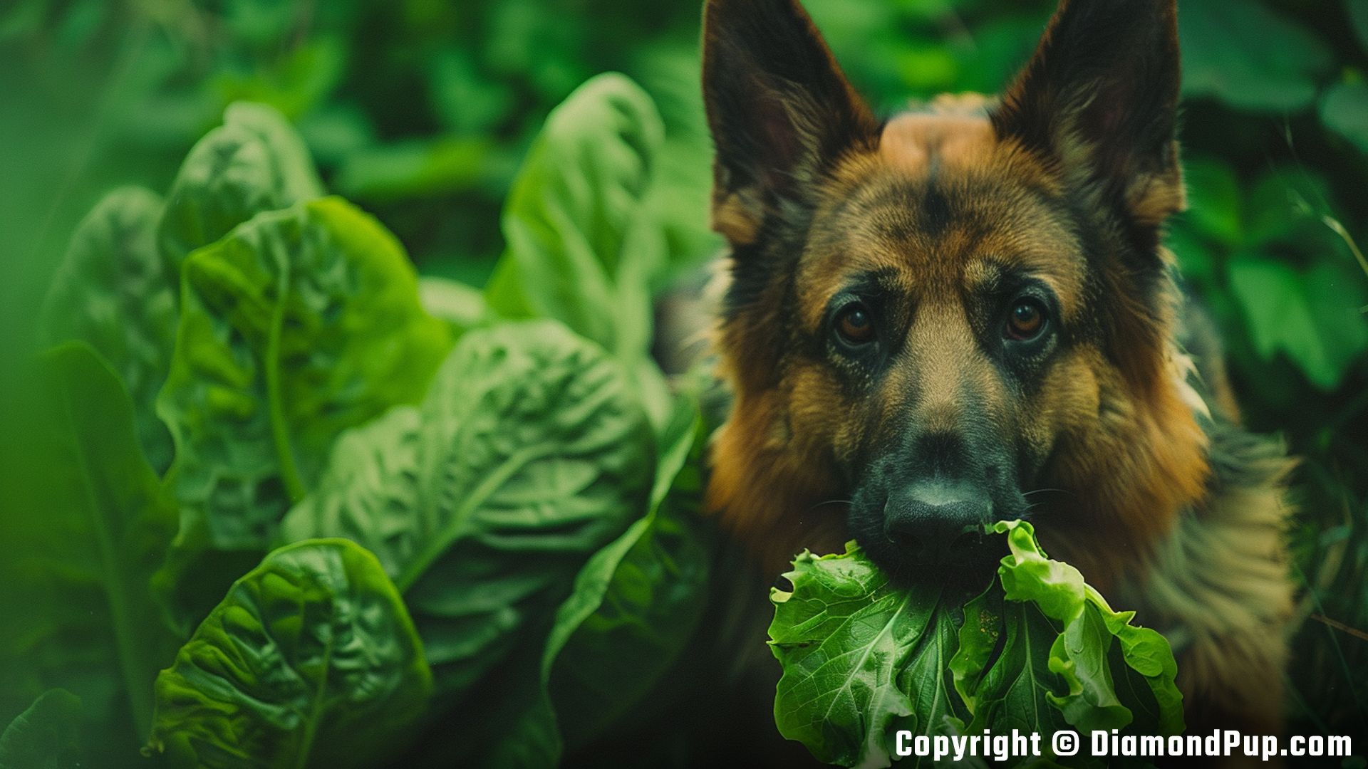 Photograph of a Cute German Shepherd Snacking on Lettuce