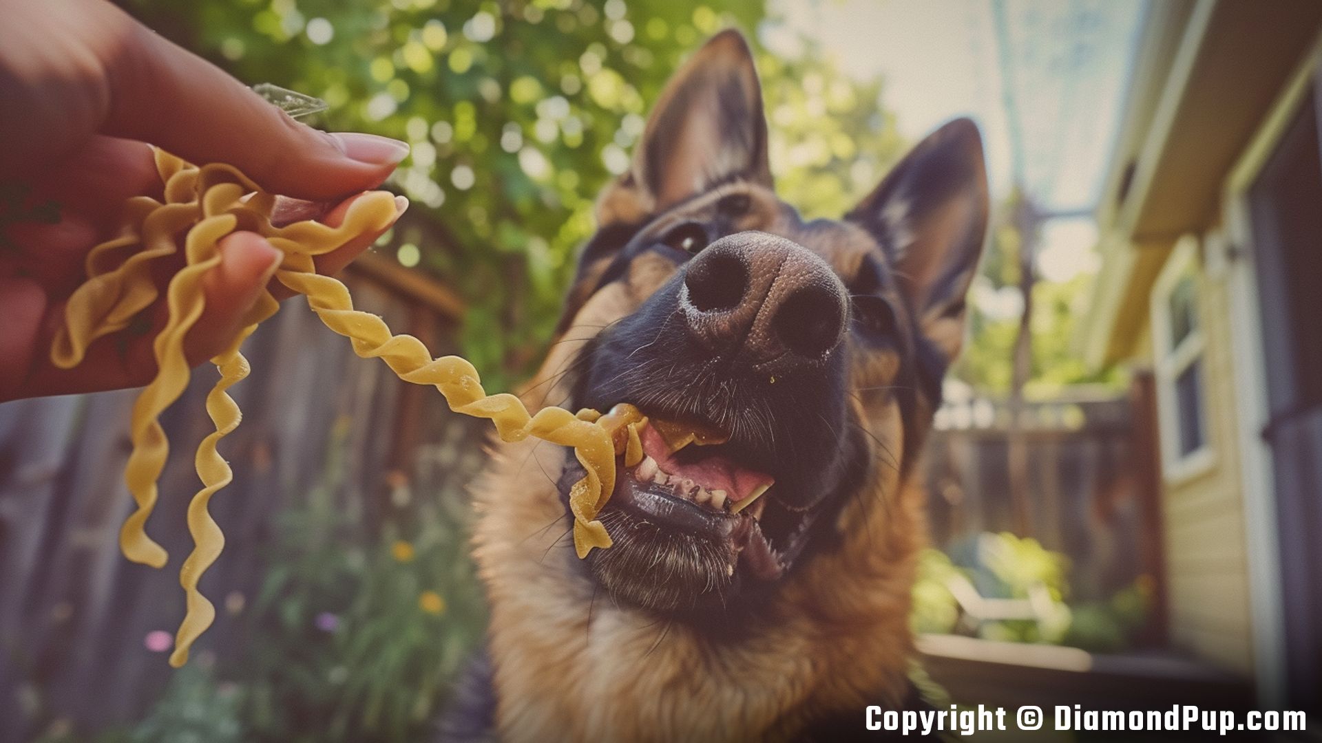 Photograph of a Cute German Shepherd Snacking on Pasta