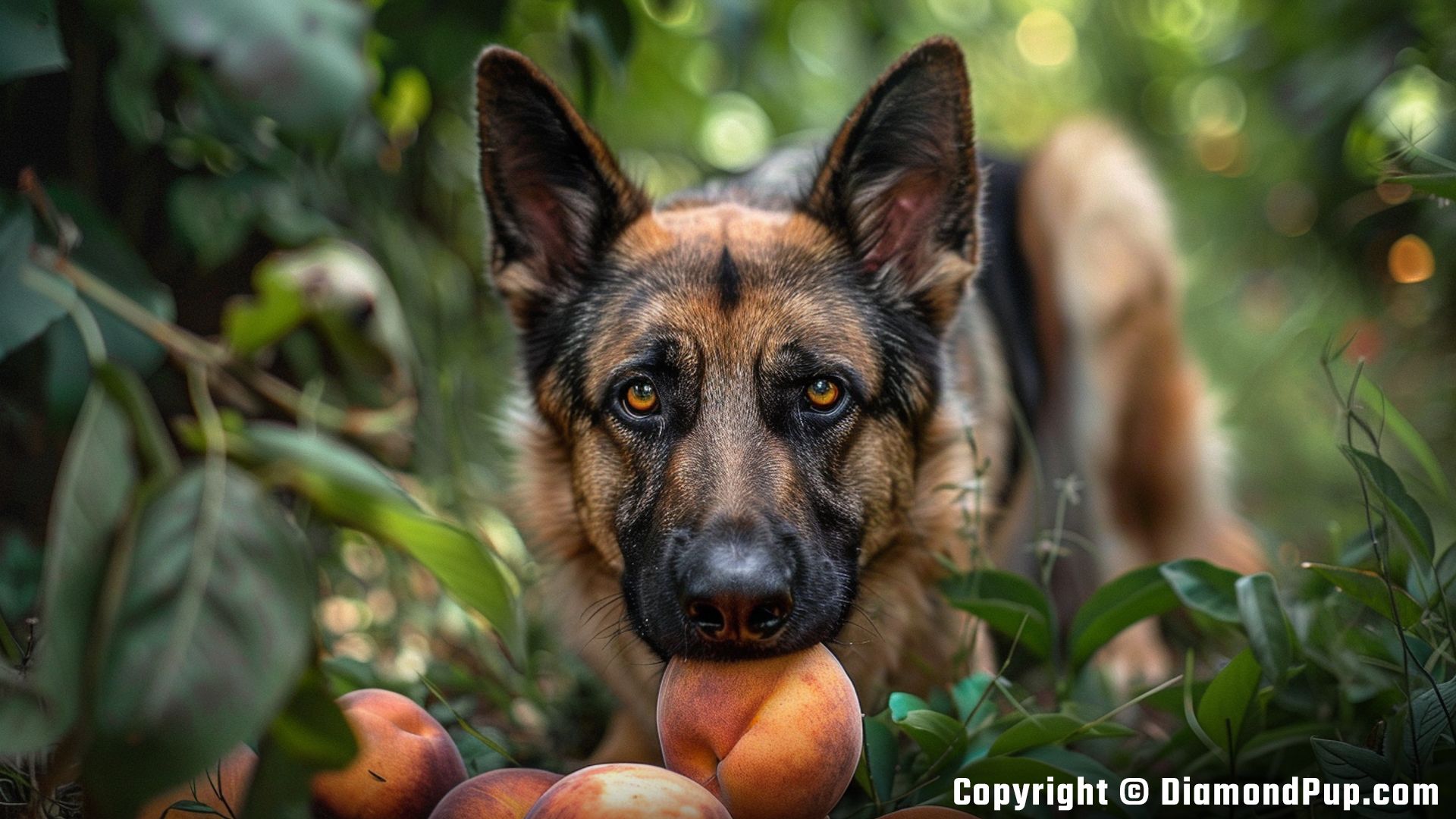Photograph of a Cute German Shepherd Snacking on Peaches