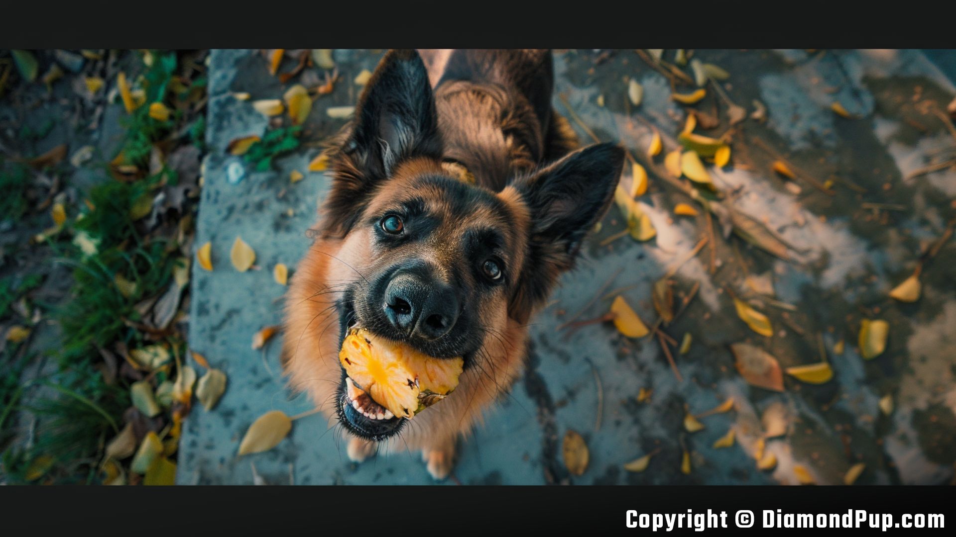 Photograph of a Cute German Shepherd Snacking on Pineapple