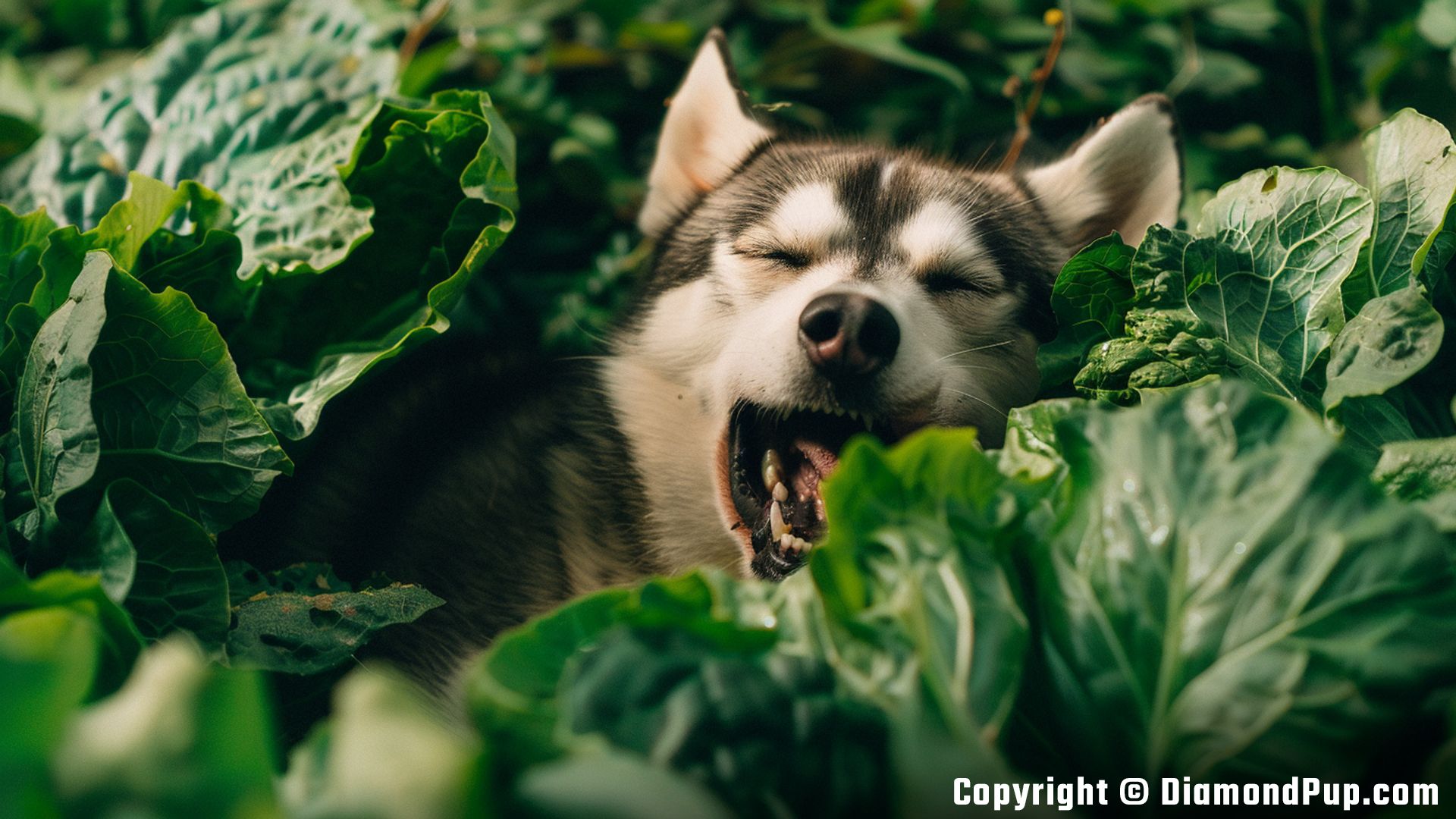 Photograph of a Cute Husky Eating Lettuce