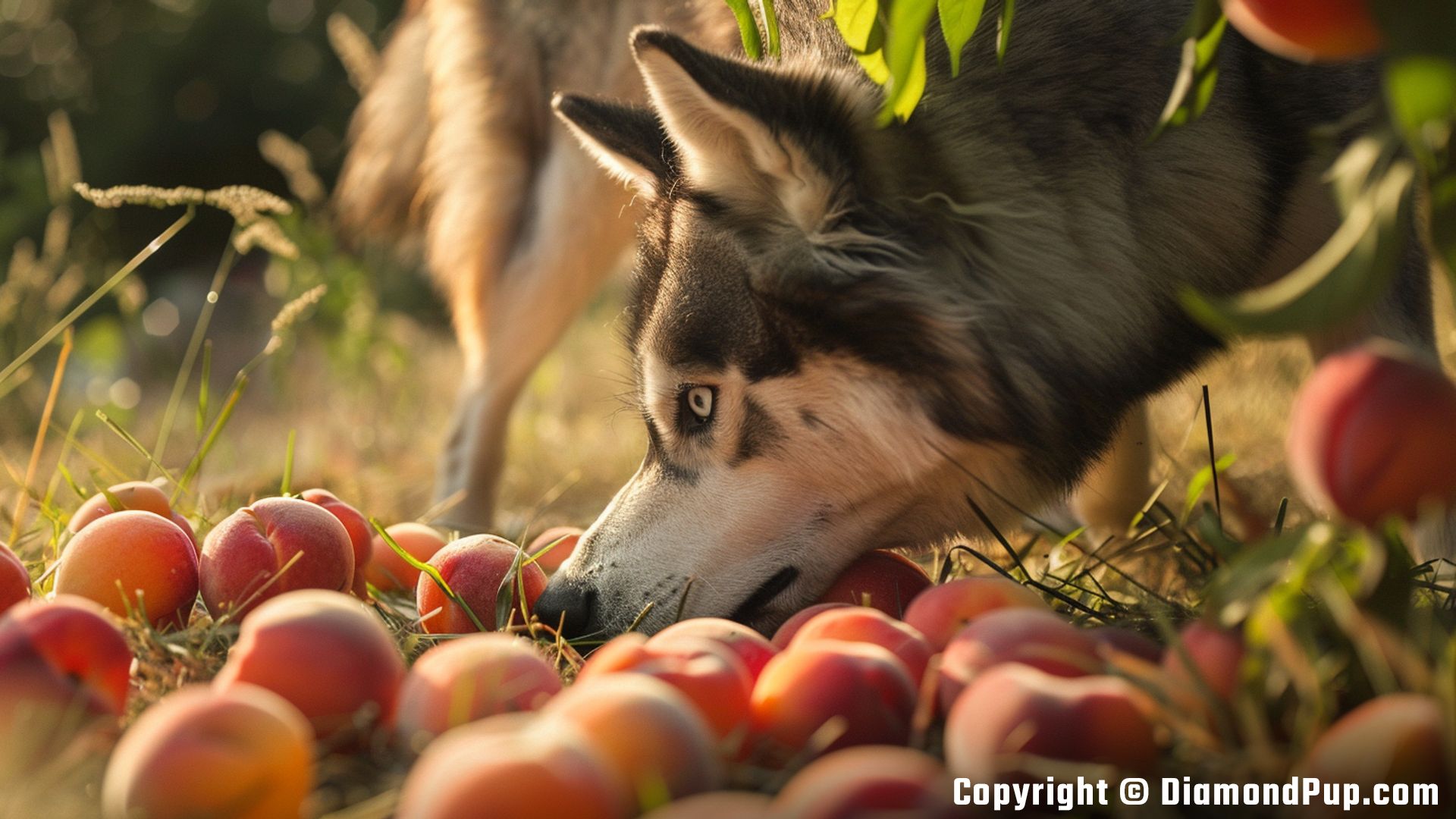 Photograph of a Cute Husky Eating Peaches