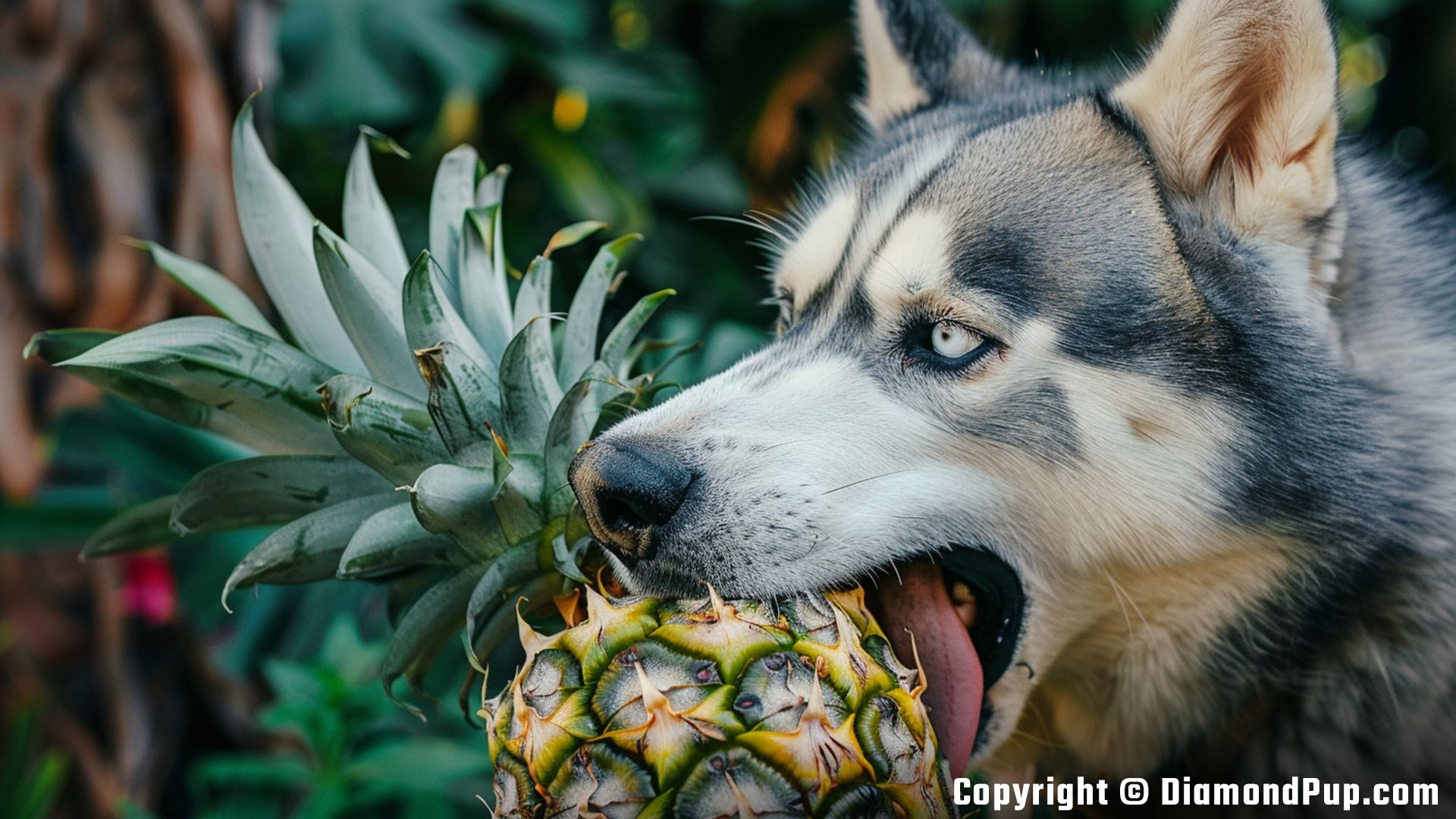 Photograph of a Cute Husky Eating Pineapple