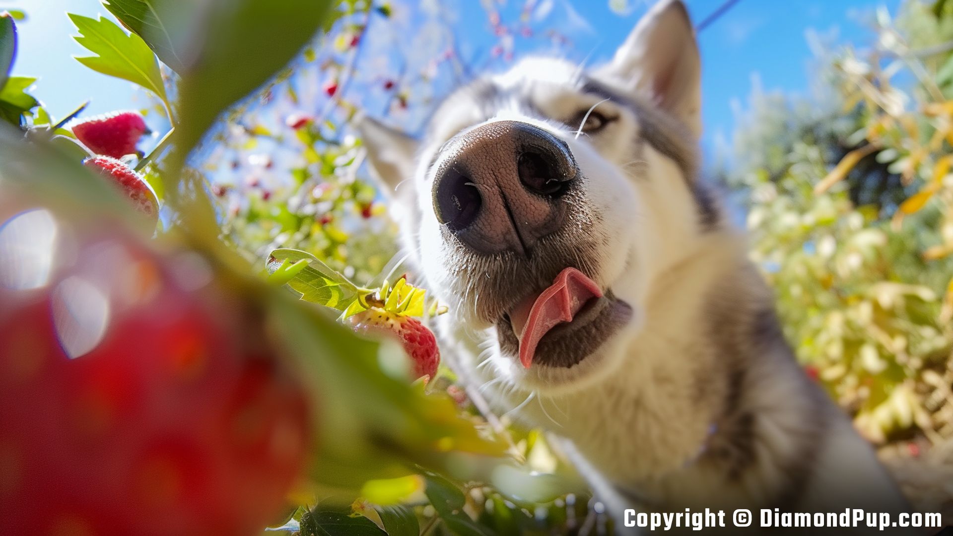 Photograph of a Cute Husky Eating Strawberries