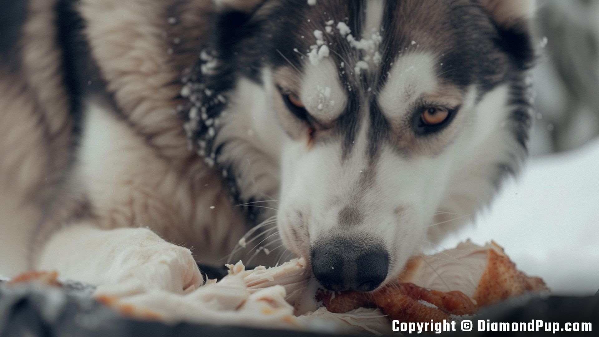 Photograph of a Cute Husky Snacking on Chicken