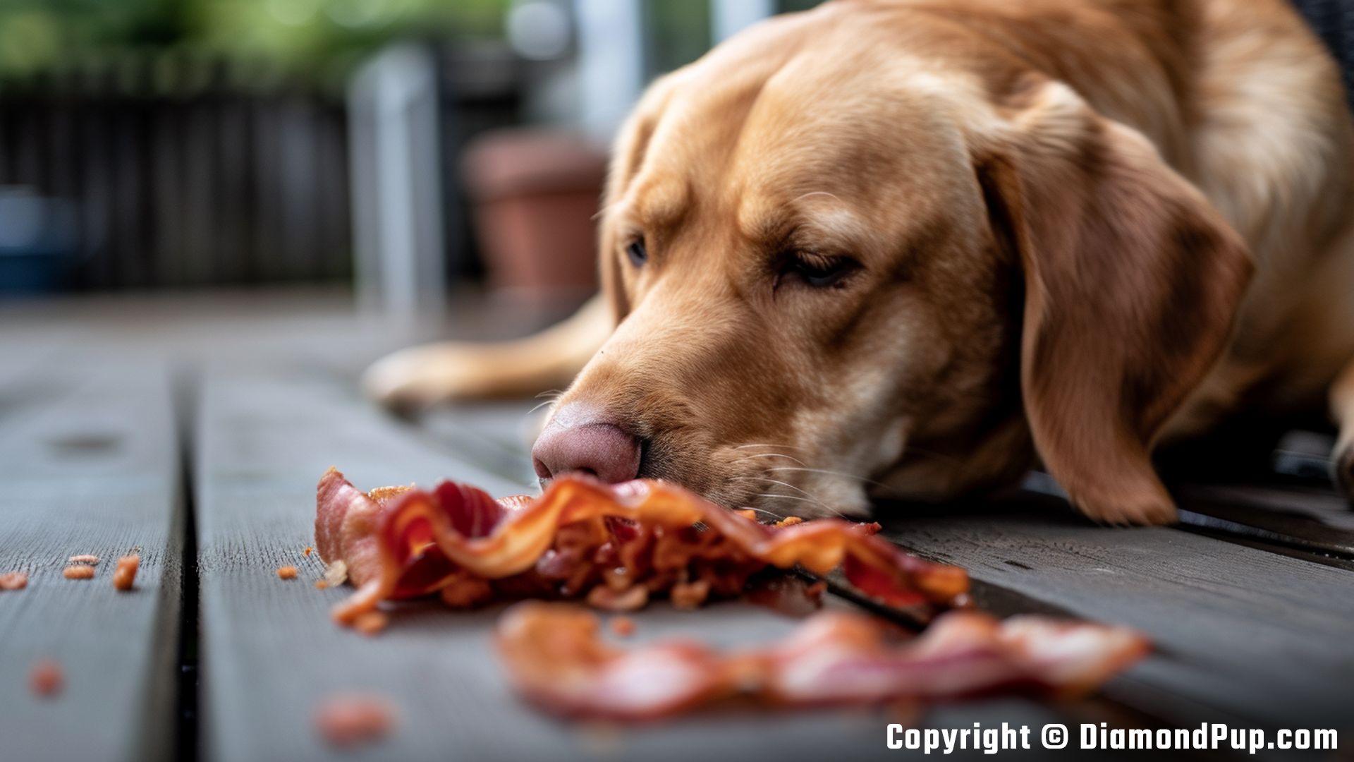 Photograph of a Cute Labrador Eating Bacon