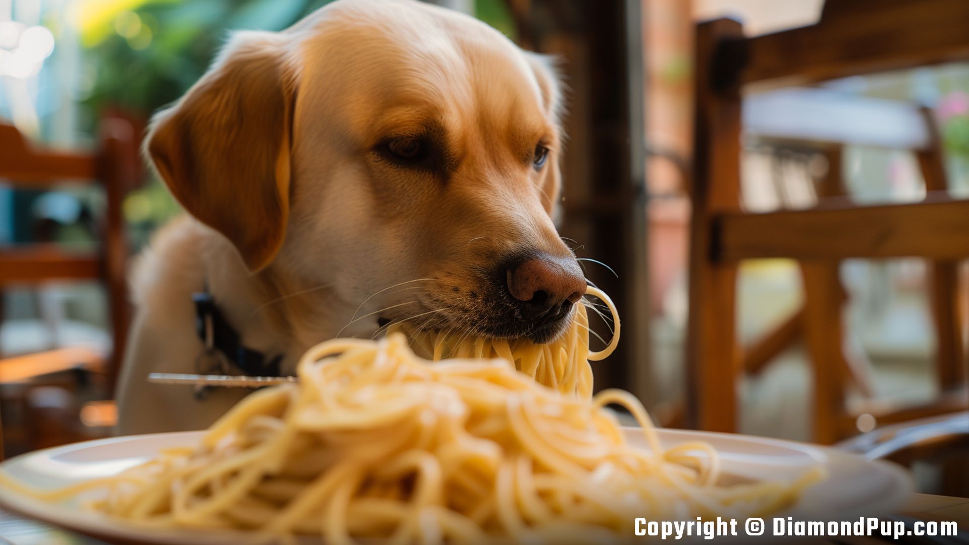 Photograph of a Cute Labrador Eating Pasta