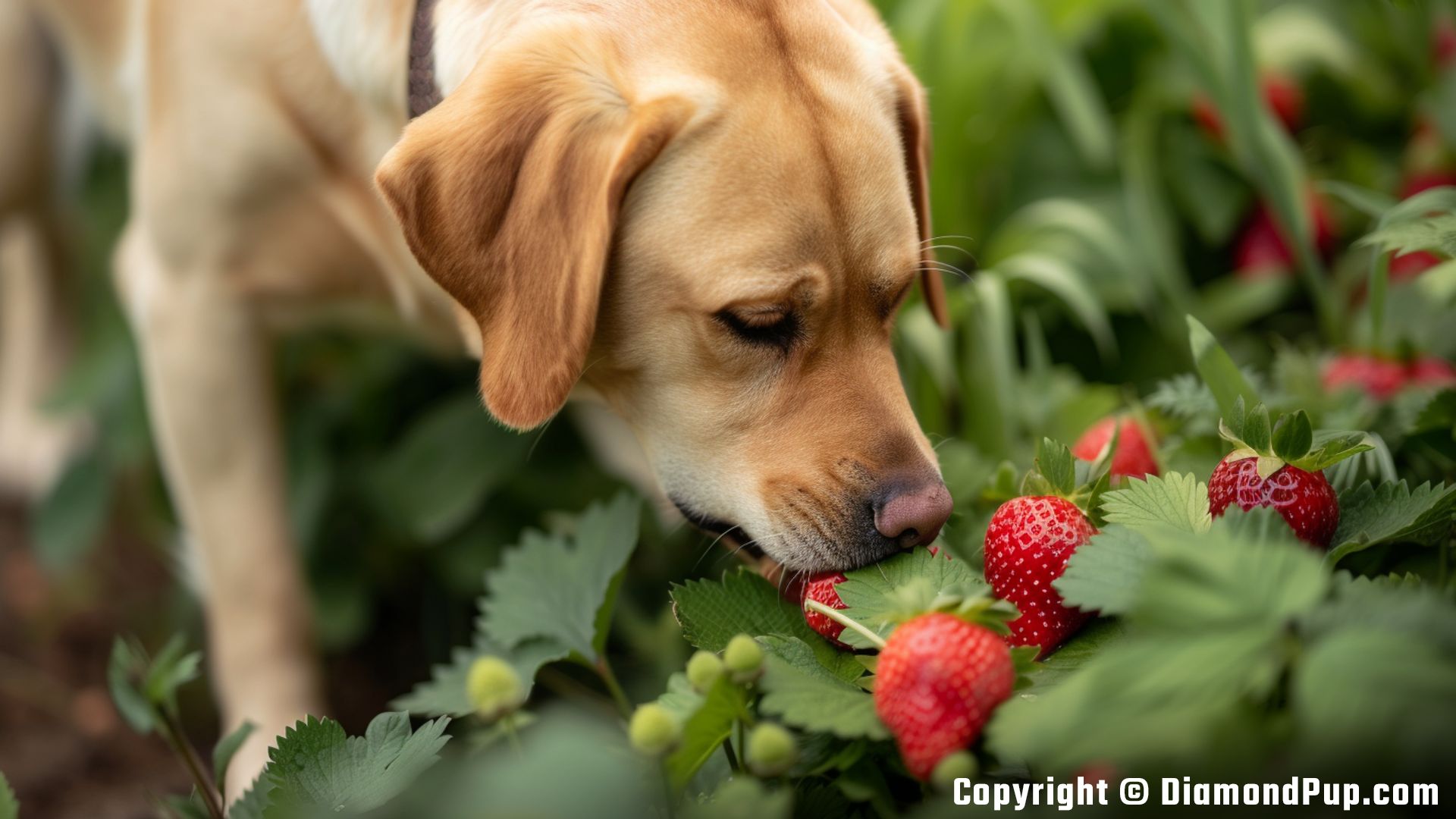 Photograph of a Cute Labrador Eating Strawberries