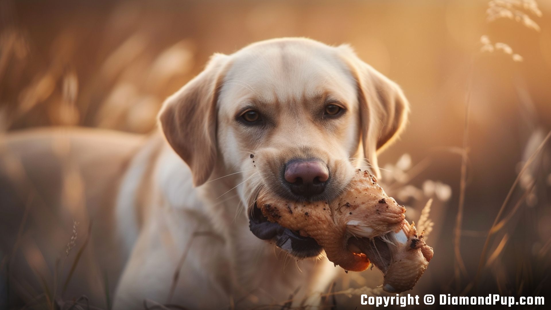 Photograph of a Cute Labrador Snacking on Chicken