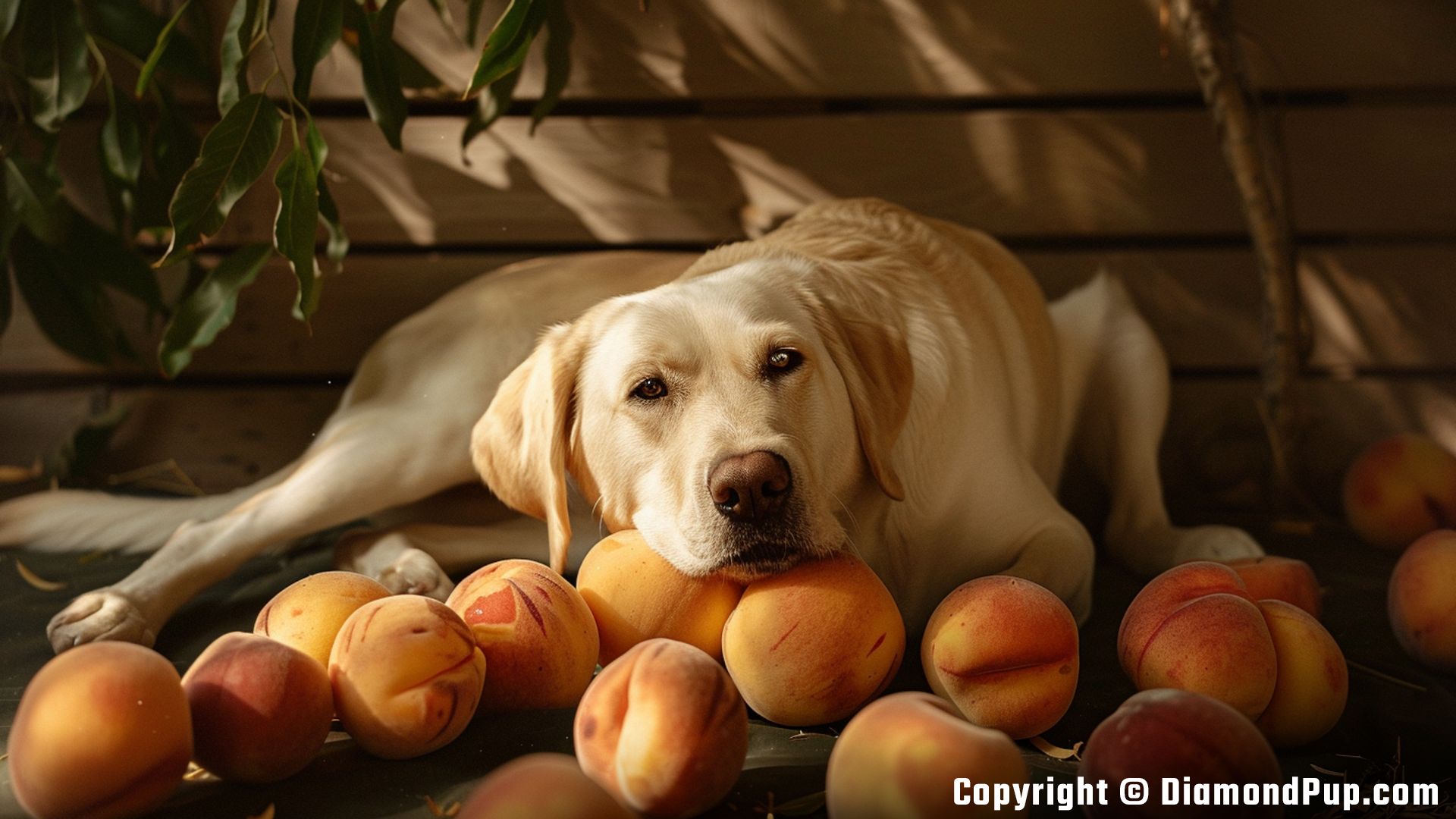 Photograph of a Cute Labrador Snacking on Peaches