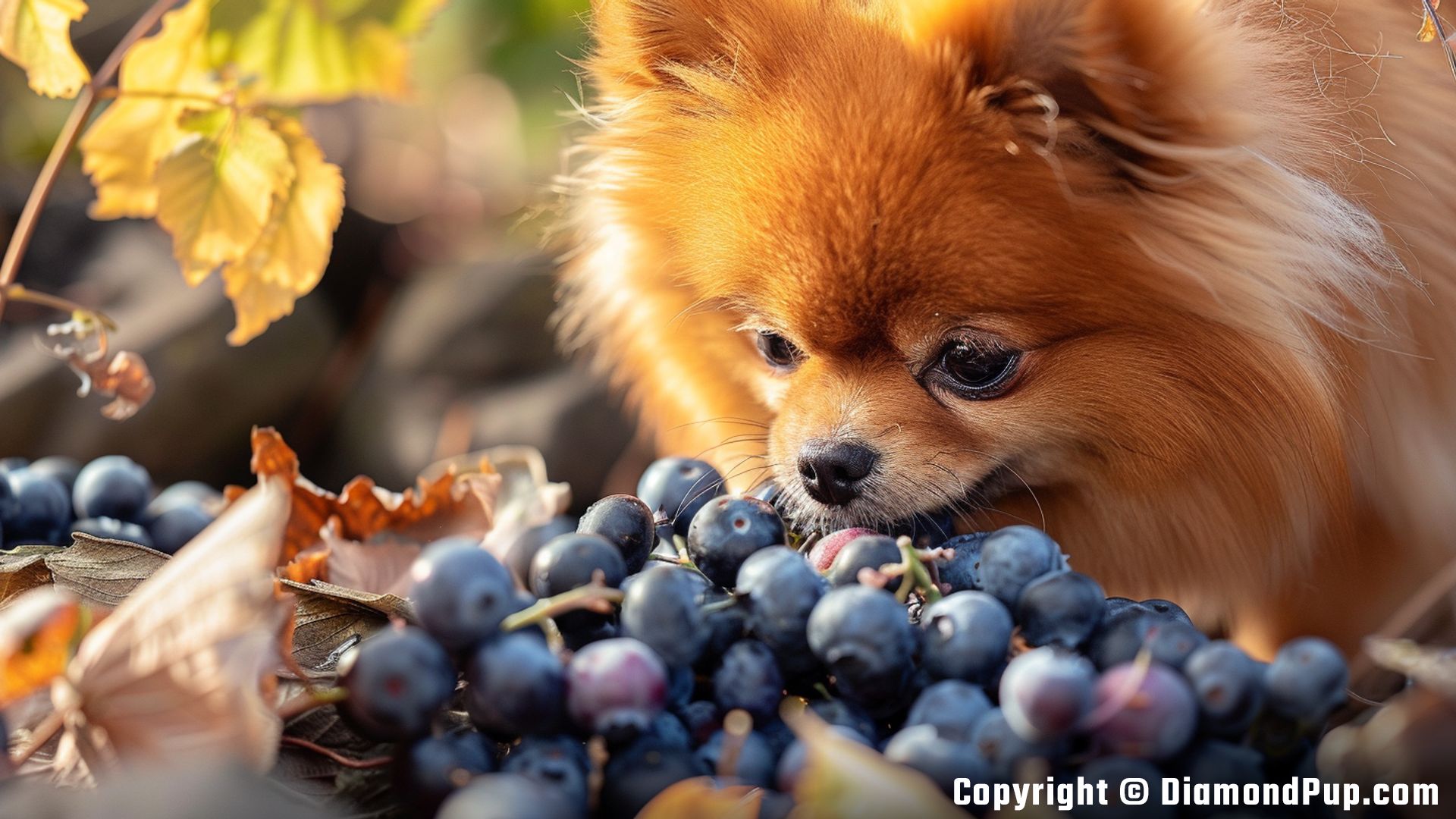 Photograph of a Cute Pomeranian Eating Blueberries