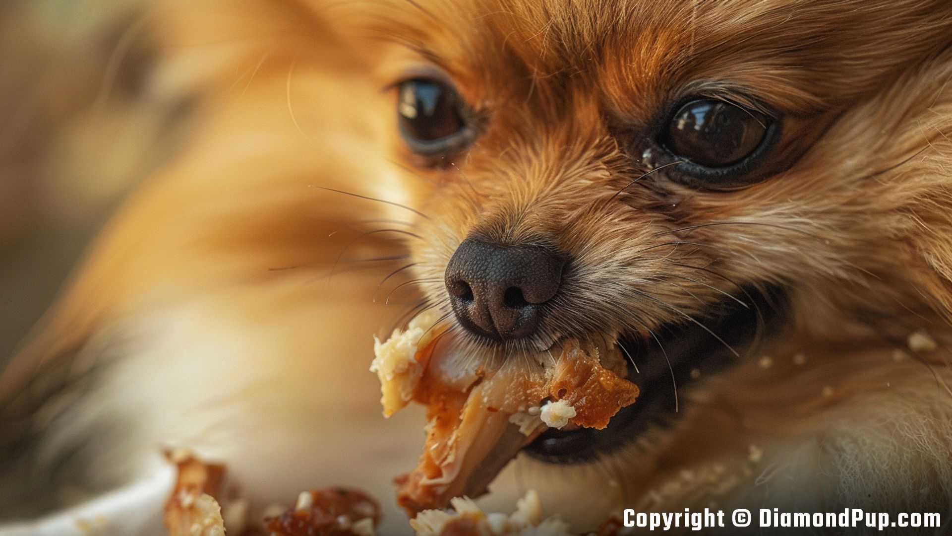Photograph of a Cute Pomeranian Eating Chicken