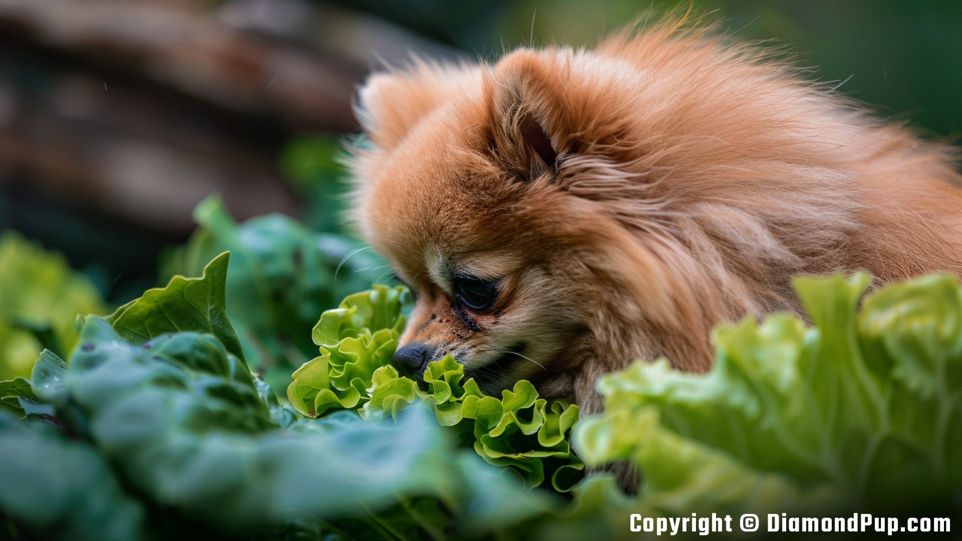 Photograph of a Cute Pomeranian Eating Lettuce