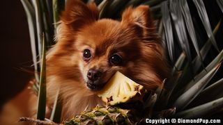 Photograph of a Cute Pomeranian Eating Pineapple