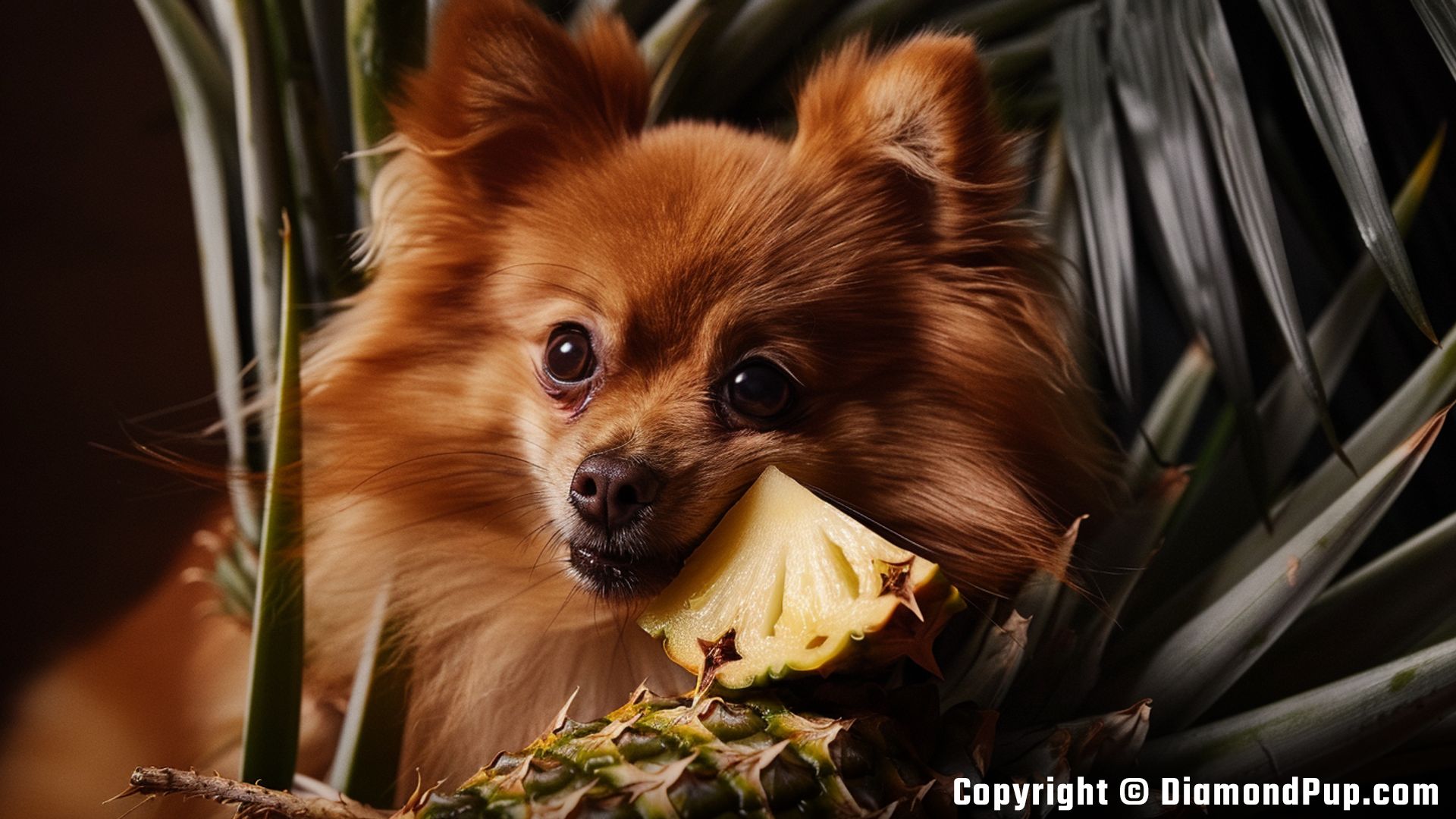 Photograph of a Cute Pomeranian Eating Pineapple