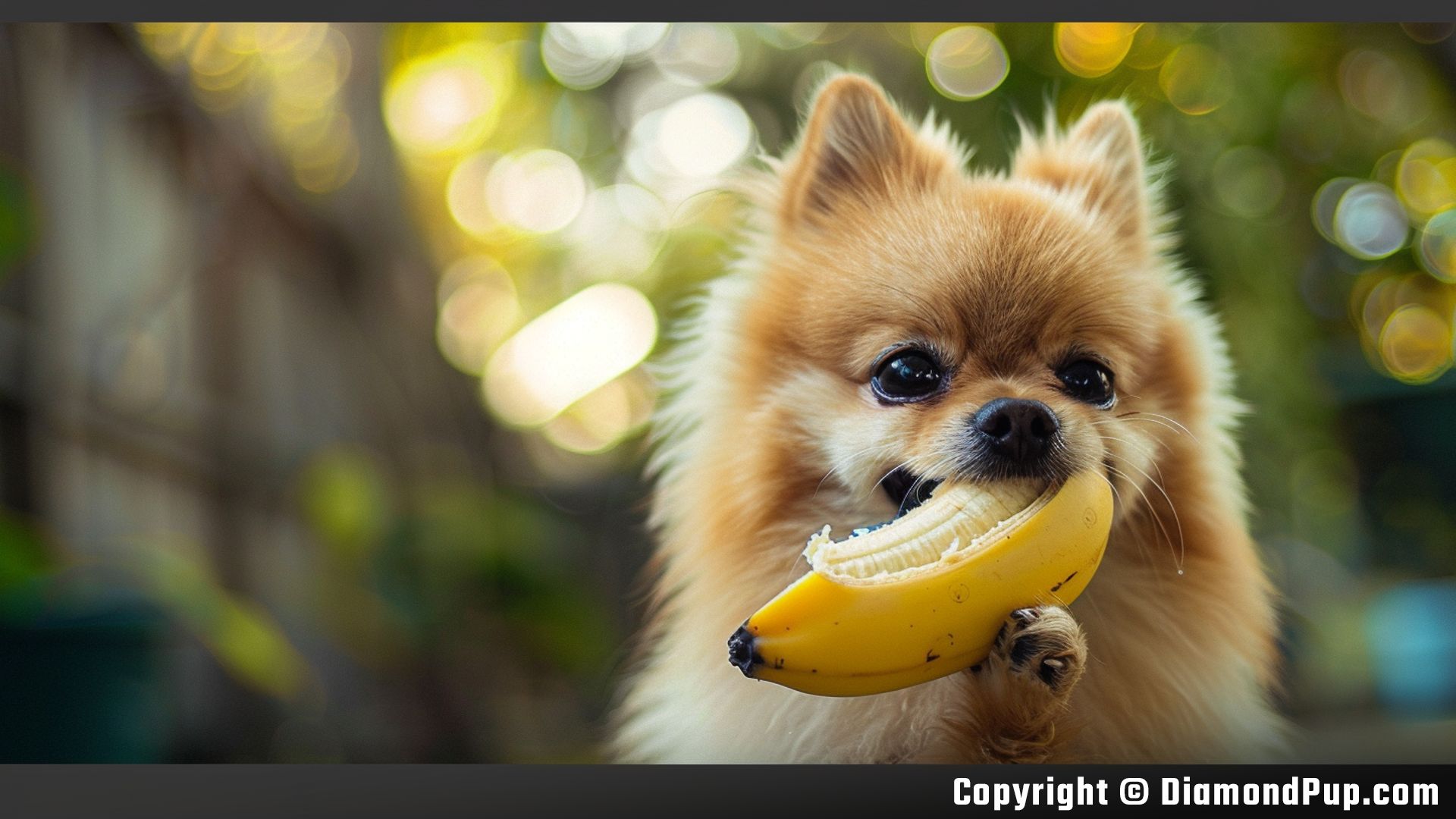 Photograph of a Cute Pomeranian Snacking on Banana