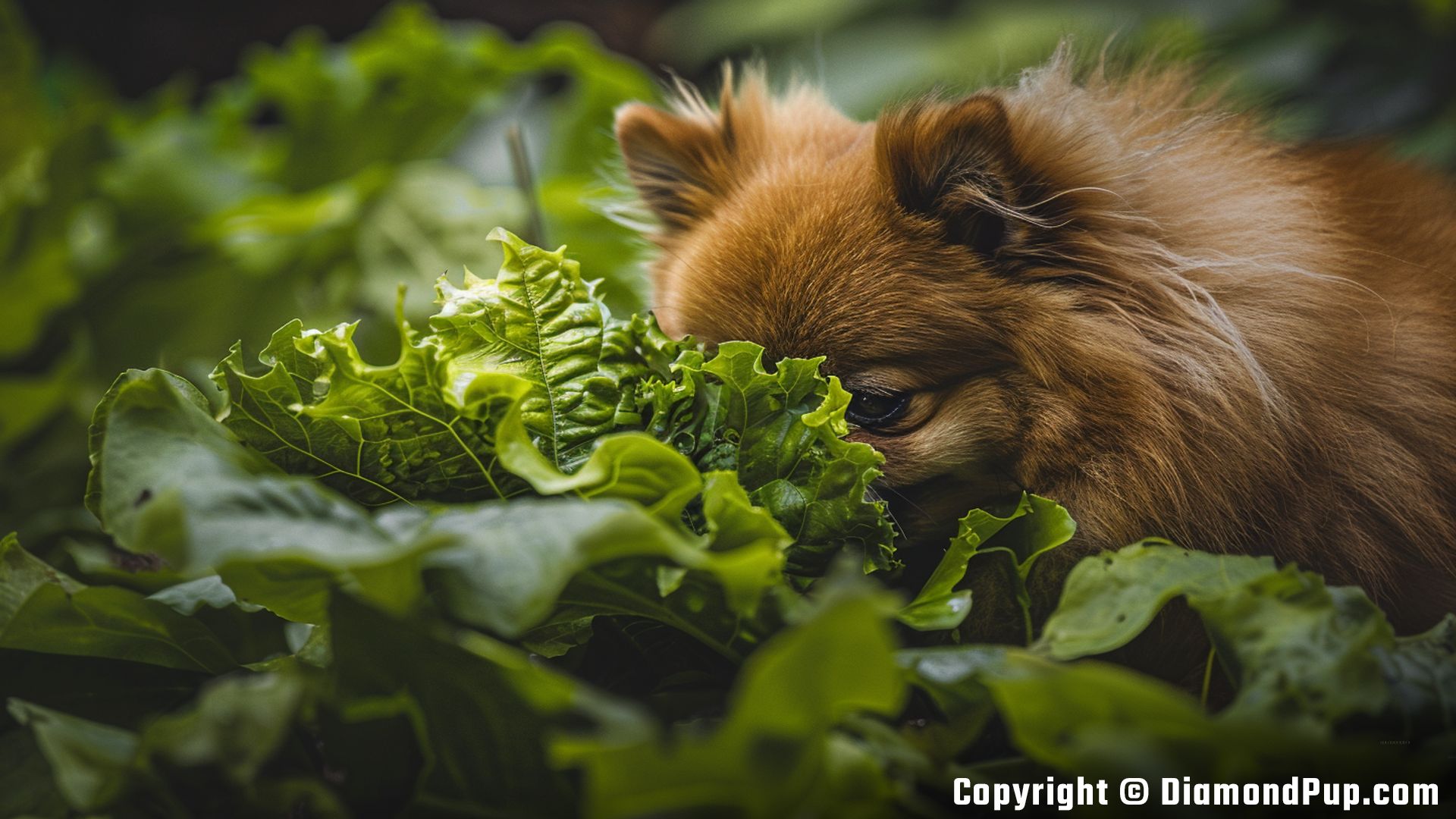 Photograph of a Cute Pomeranian Snacking on Lettuce