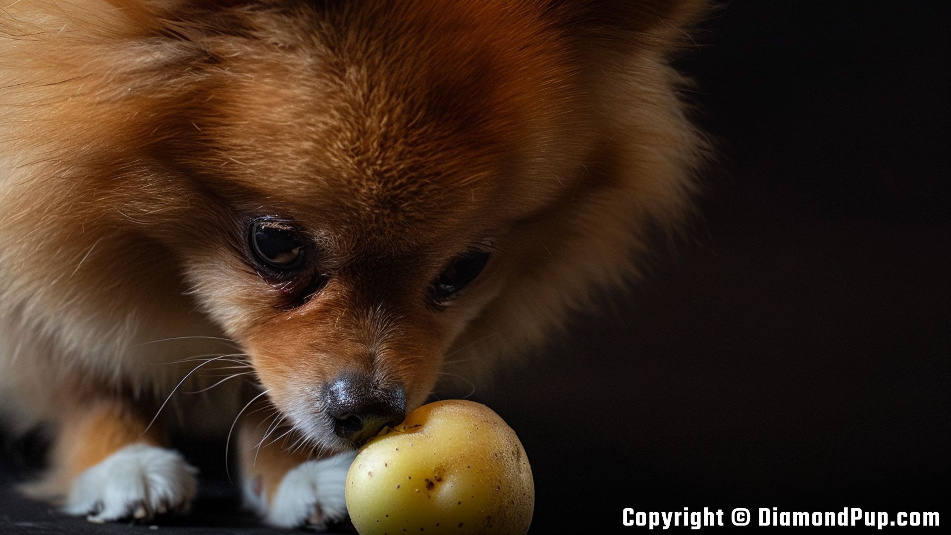 Photograph of a Cute Pomeranian Snacking on Potato