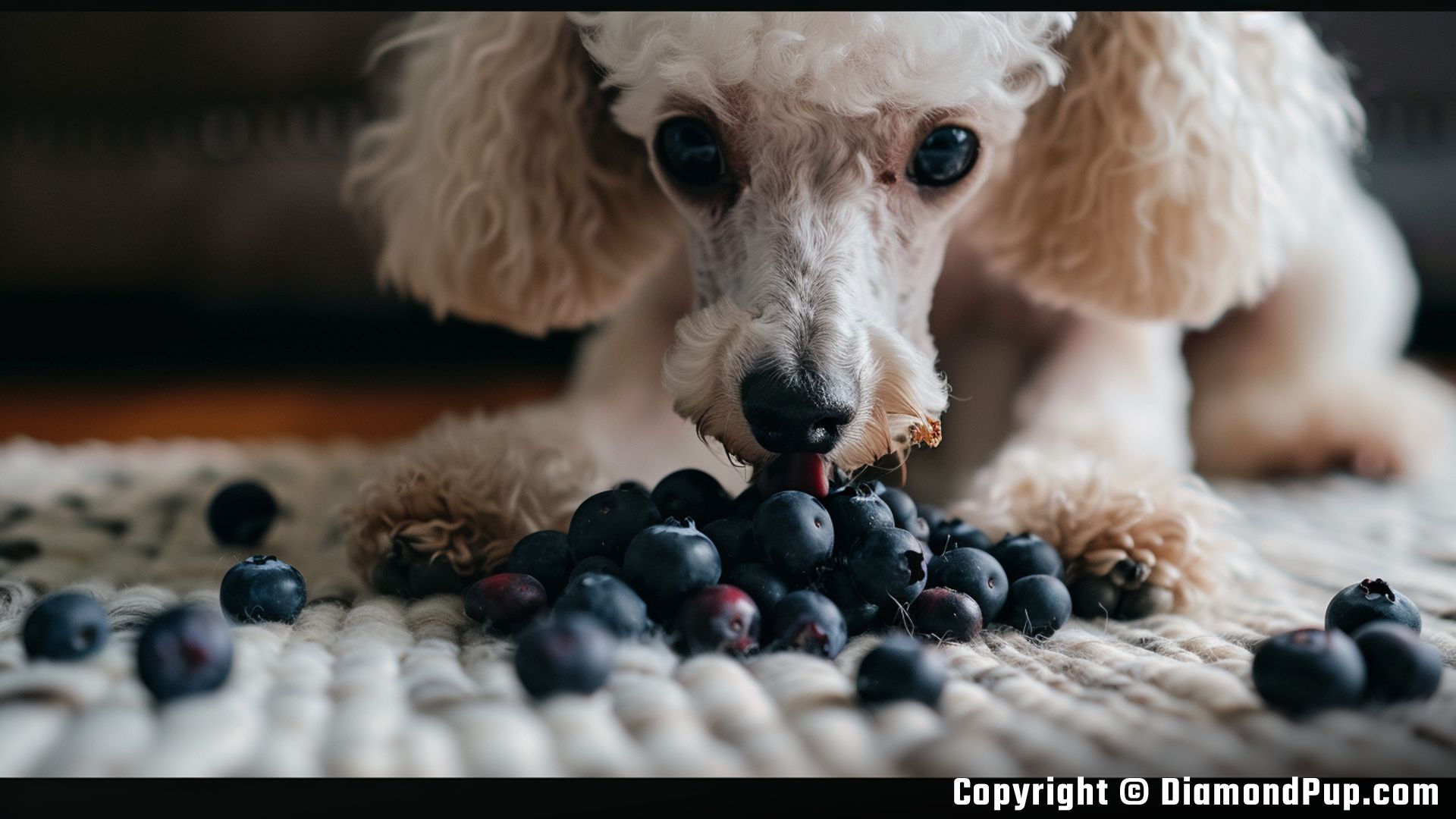 Photograph of a Cute Poodle Eating Blueberries
