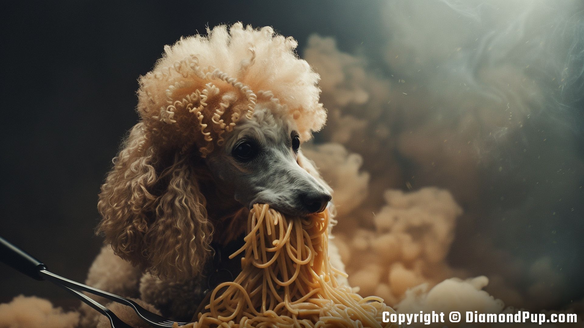 Photograph of a Cute Poodle Eating Pasta