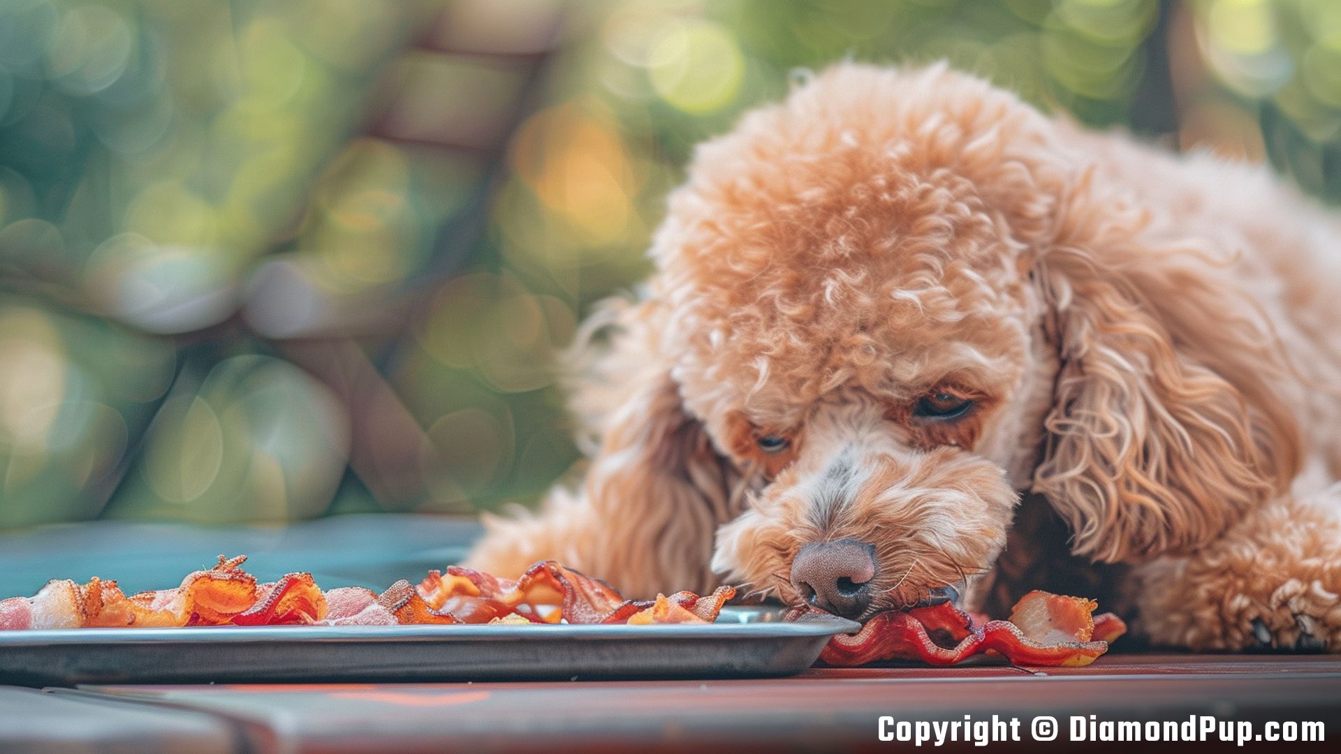 Photograph of a Cute Poodle Snacking on Bacon