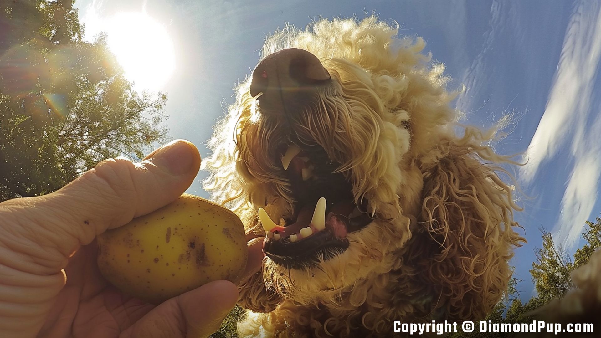 Photograph of a Cute Poodle Snacking on Potato
