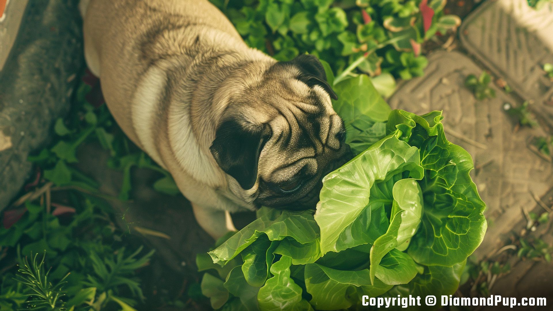 Photograph of a Cute Pug Eating Lettuce