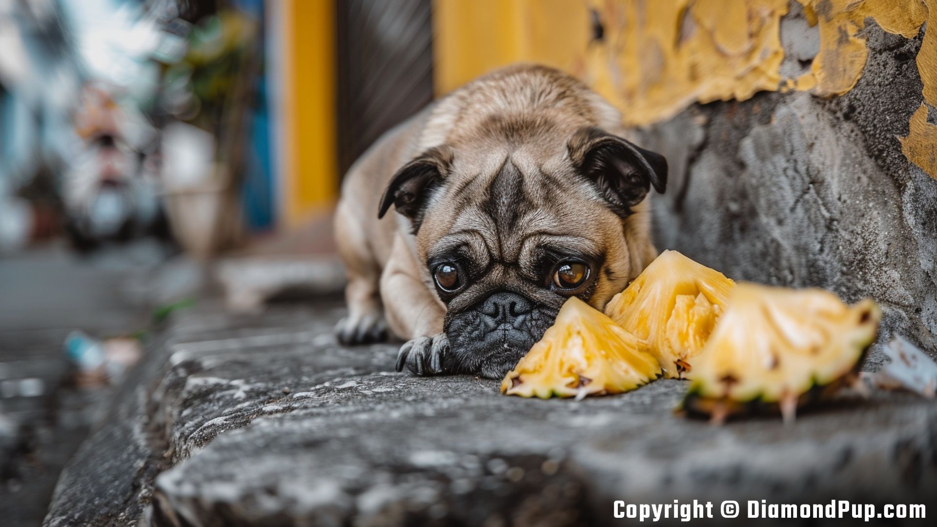 Photograph of a Cute Pug Eating Pineapple