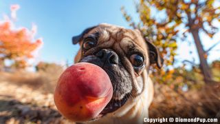 Photograph of a Cute Pug Snacking on Peaches