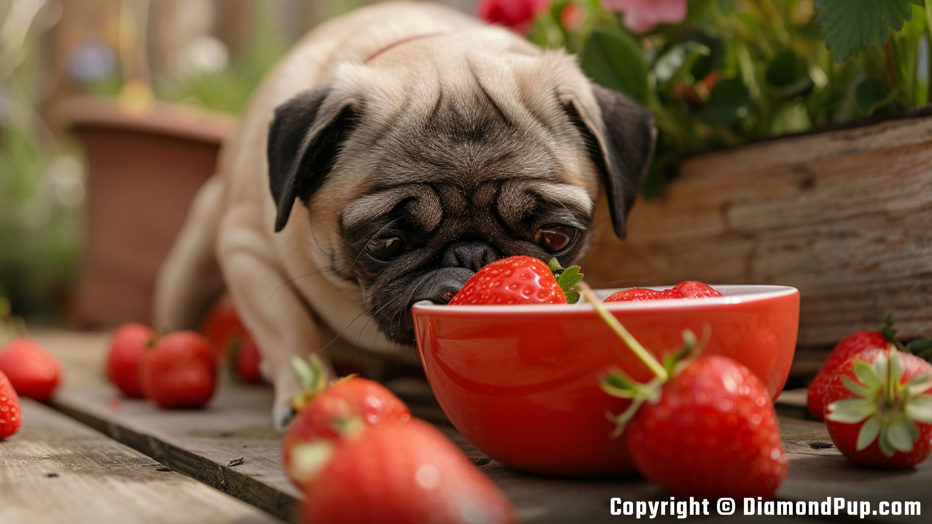 Photograph of a Cute Pug Snacking on Strawberries