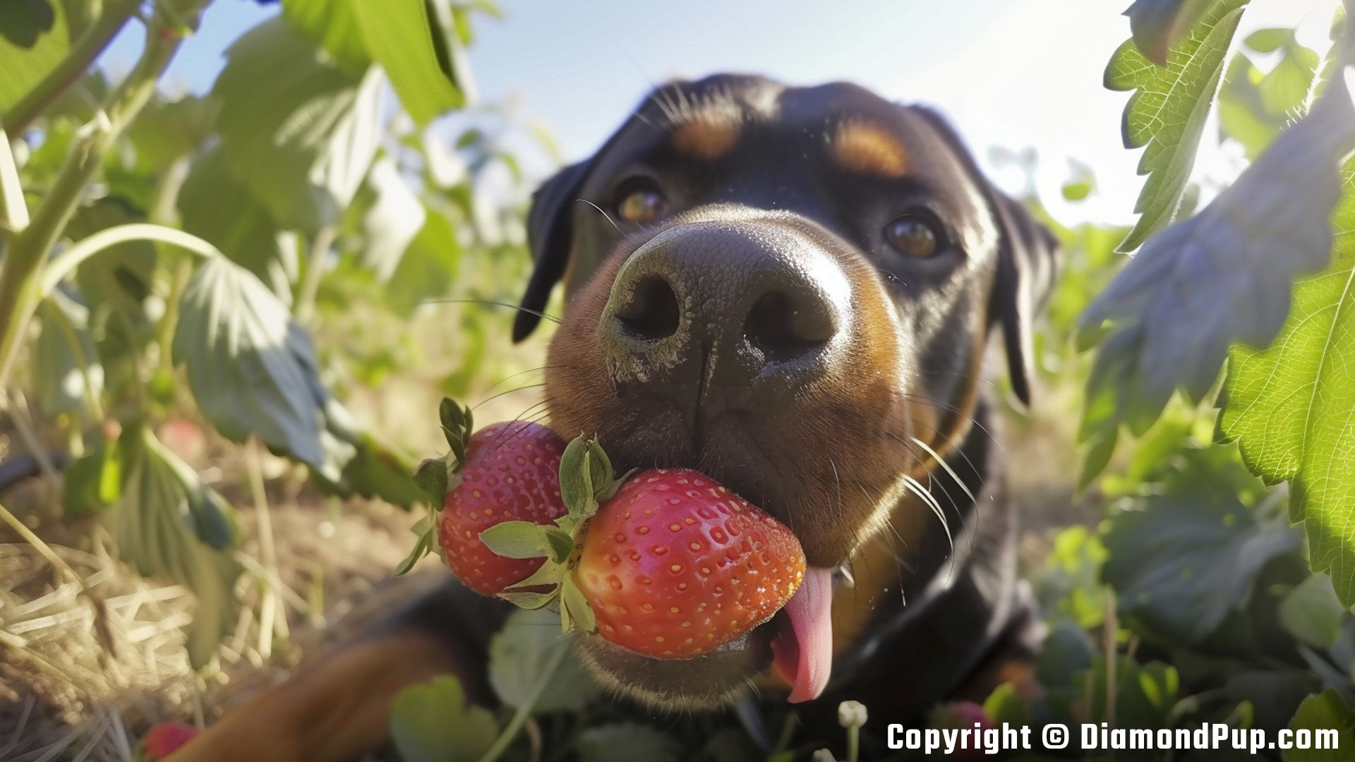 Photograph of a Cute Rottweiler Eating Strawberries