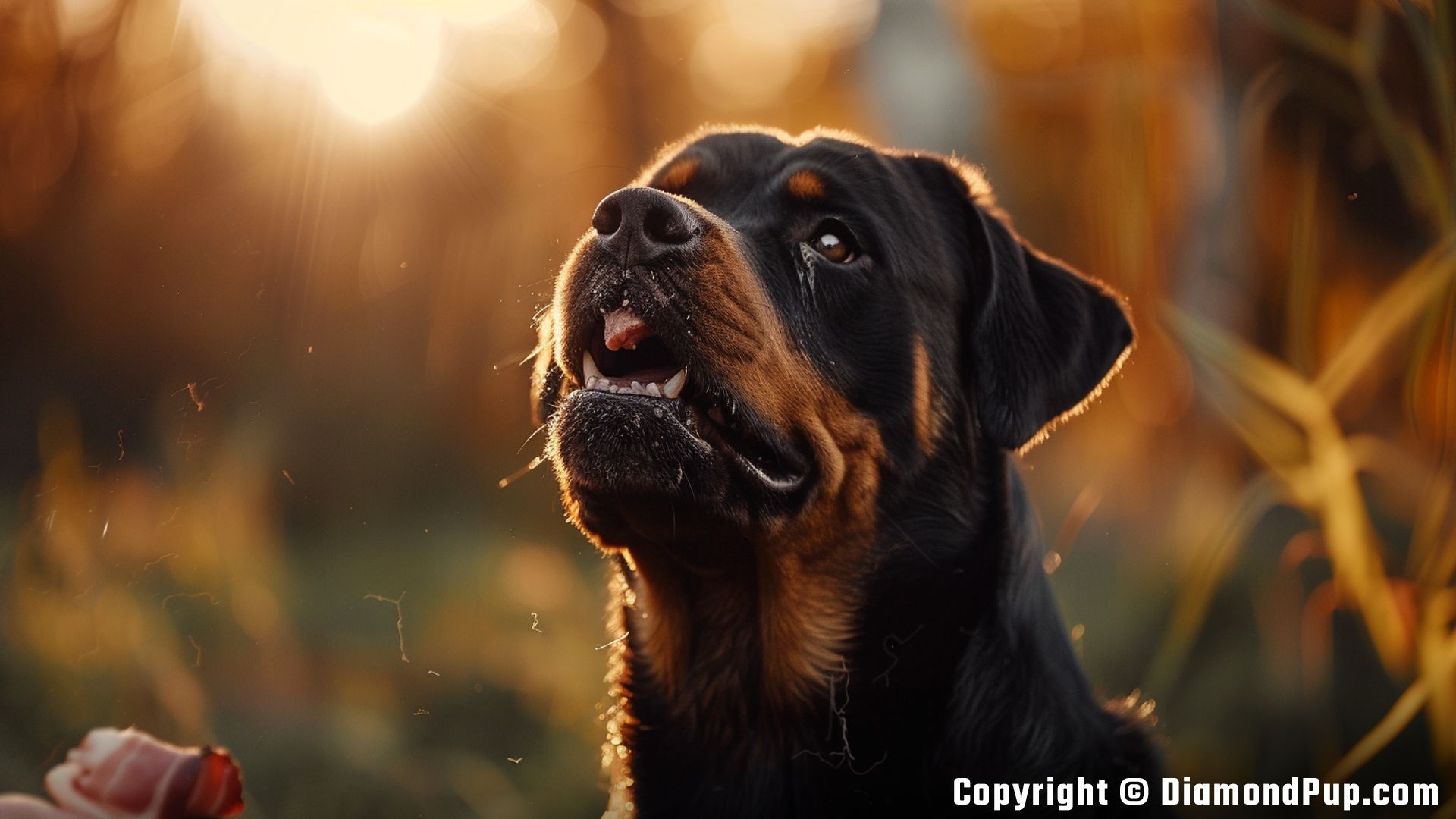 Photograph of a Cute Rottweiler Snacking on Bacon